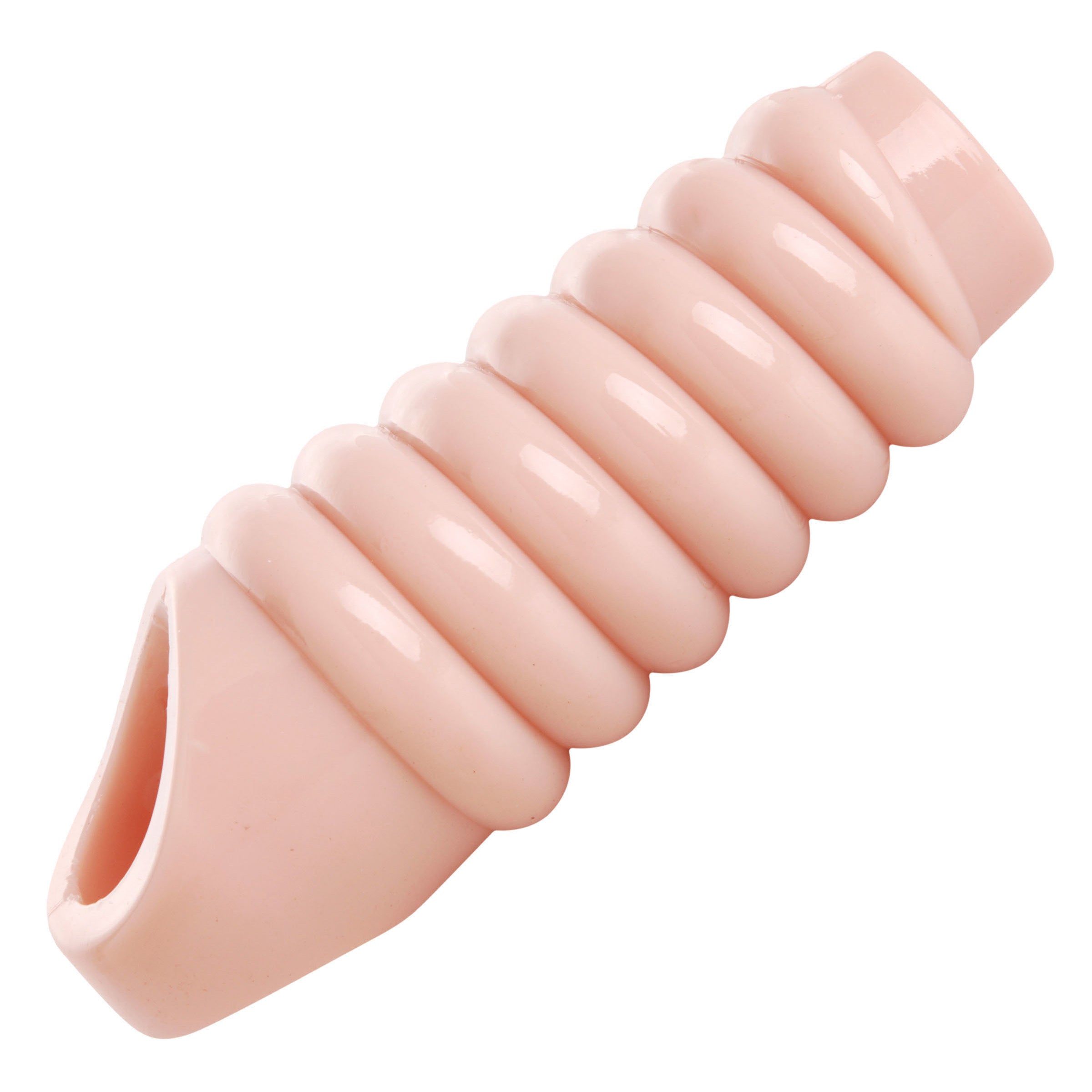 Spiral-ribbed design of a pink penis enhancer sheath