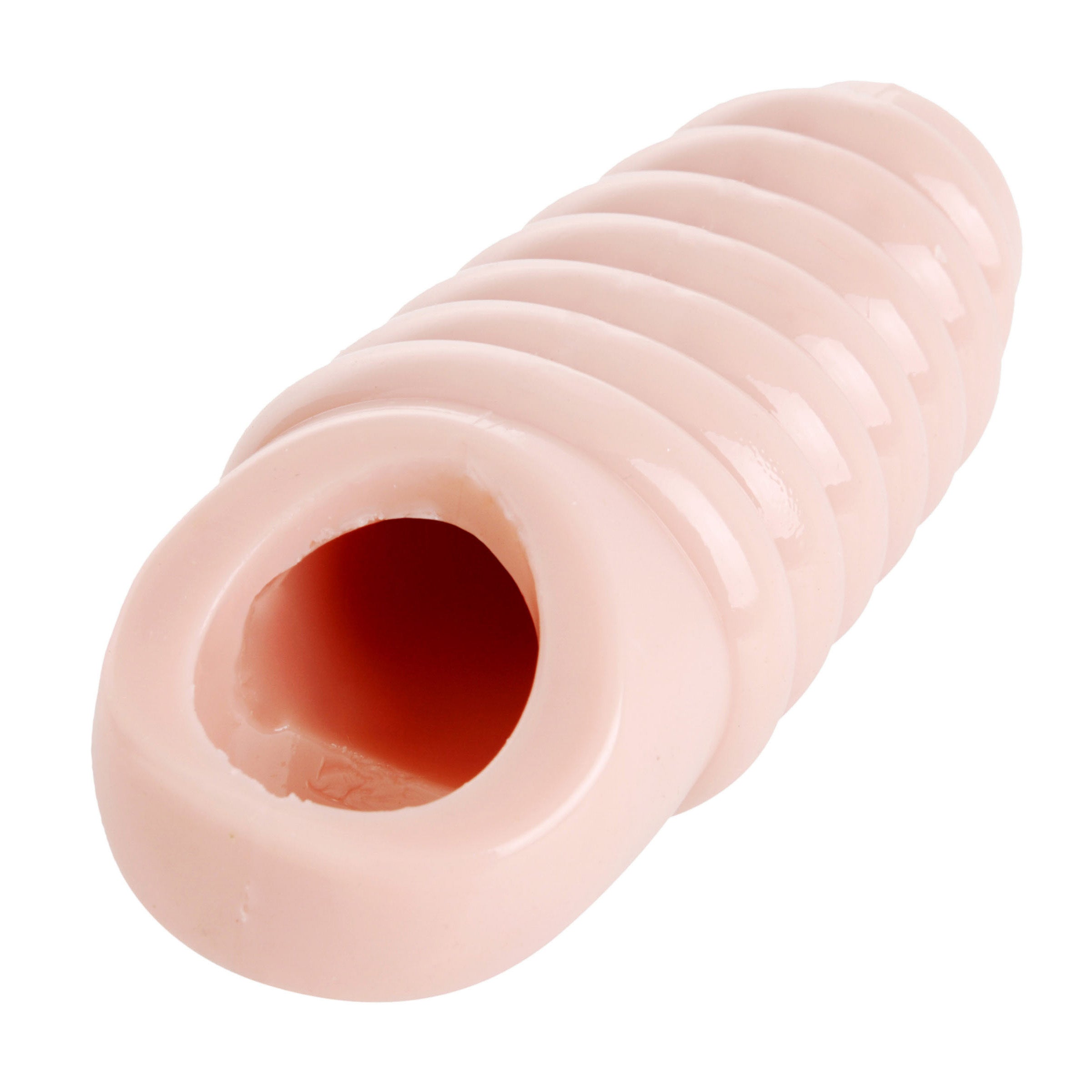 A ribbed penis enhancer sheath in pink