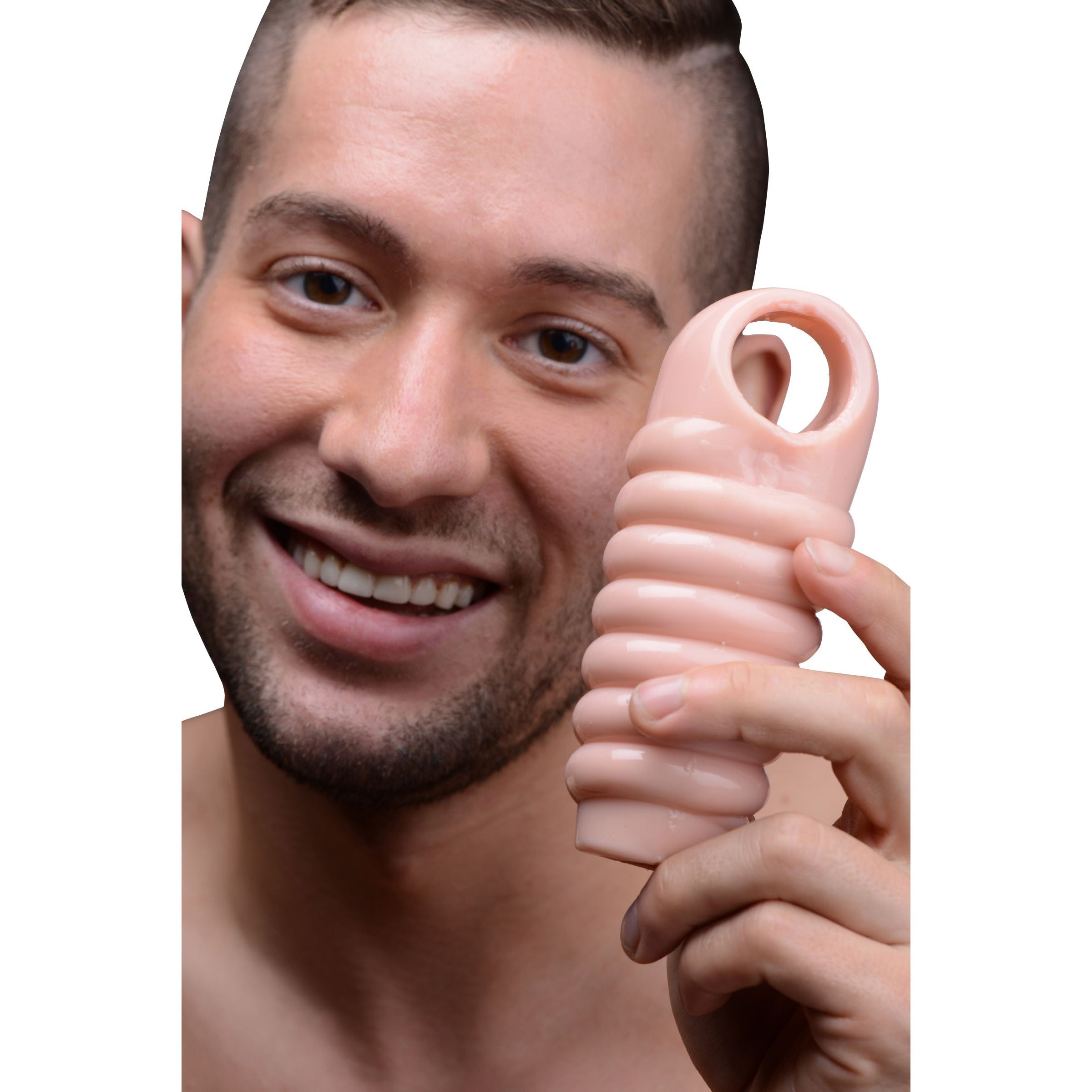 Person demonstrating the flexibility of a pink ribbed penis enhancer sheath