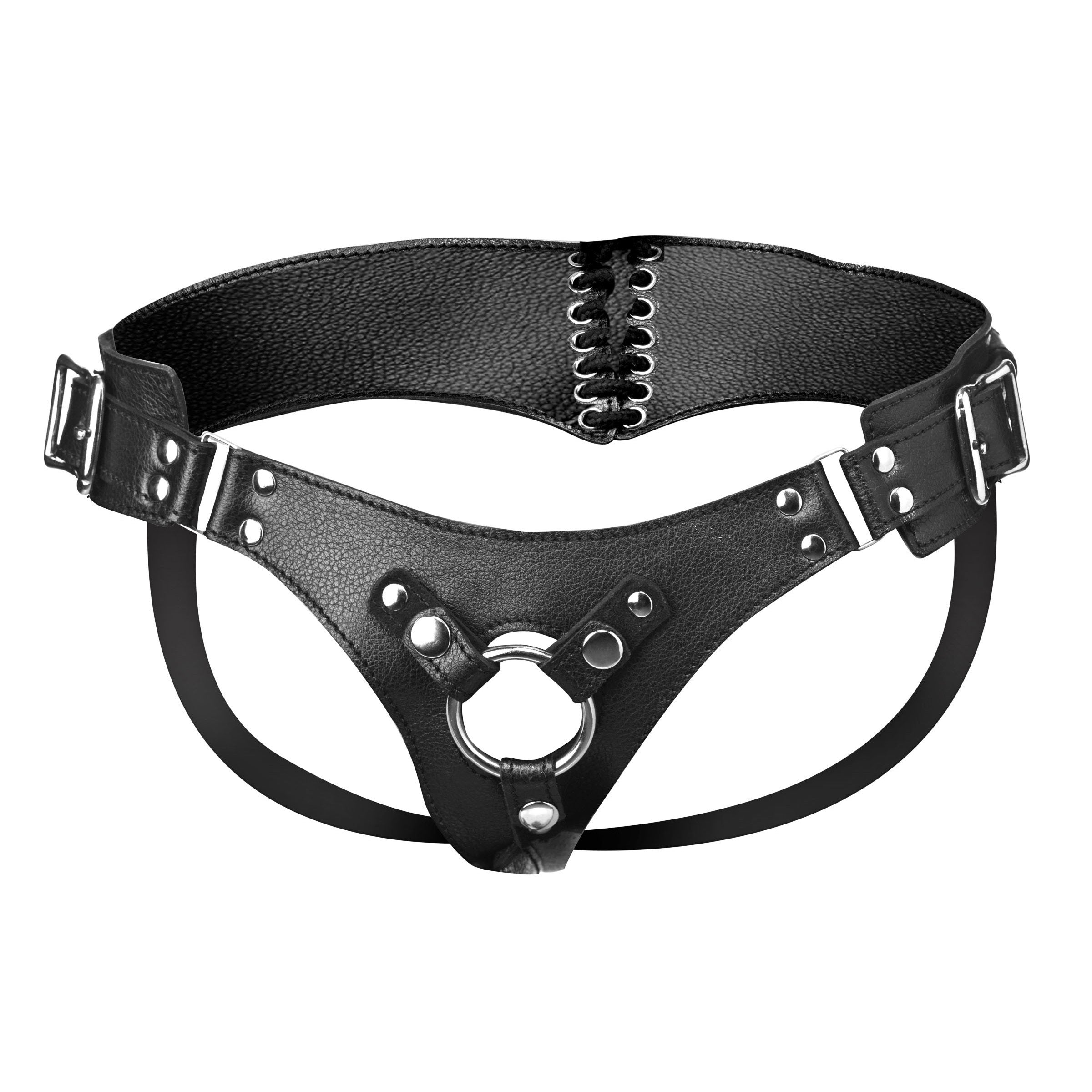 Full view of the Bodice Corset Style Strap On Harness with metal buckle closures