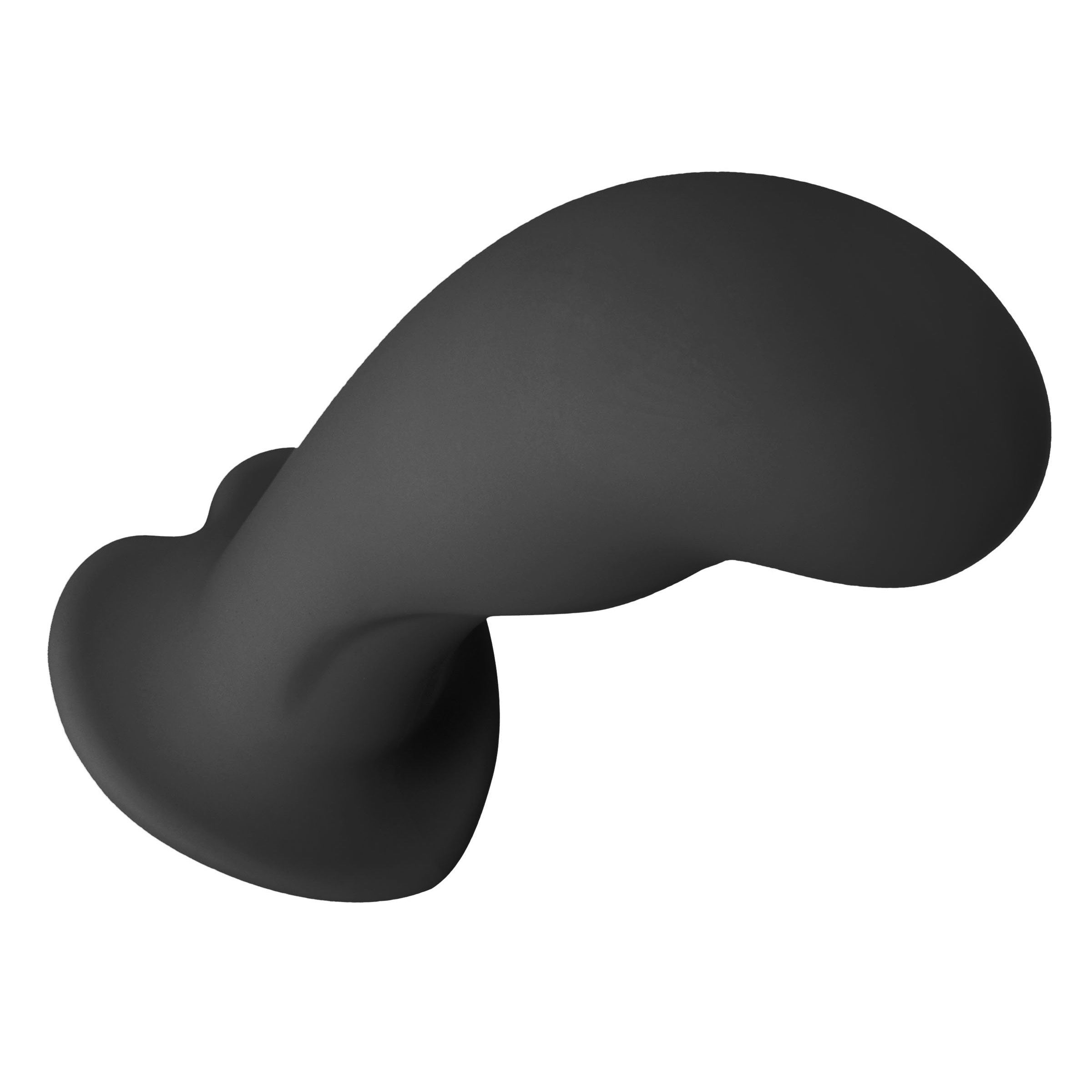 Black silicone dildo designed for harness use against a white background