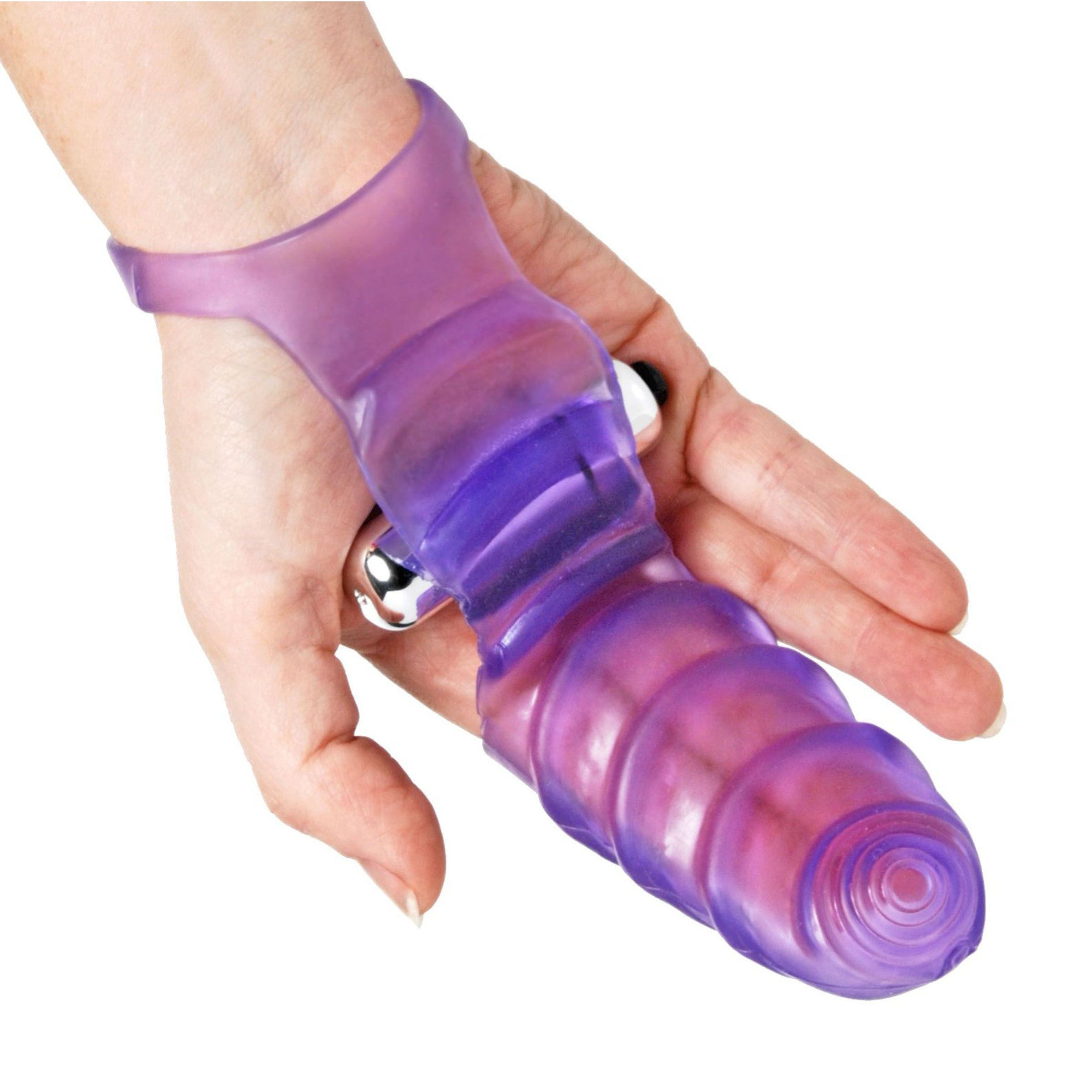 A person demonstrating how to wear the purple Double Finger Banger G-spot glove