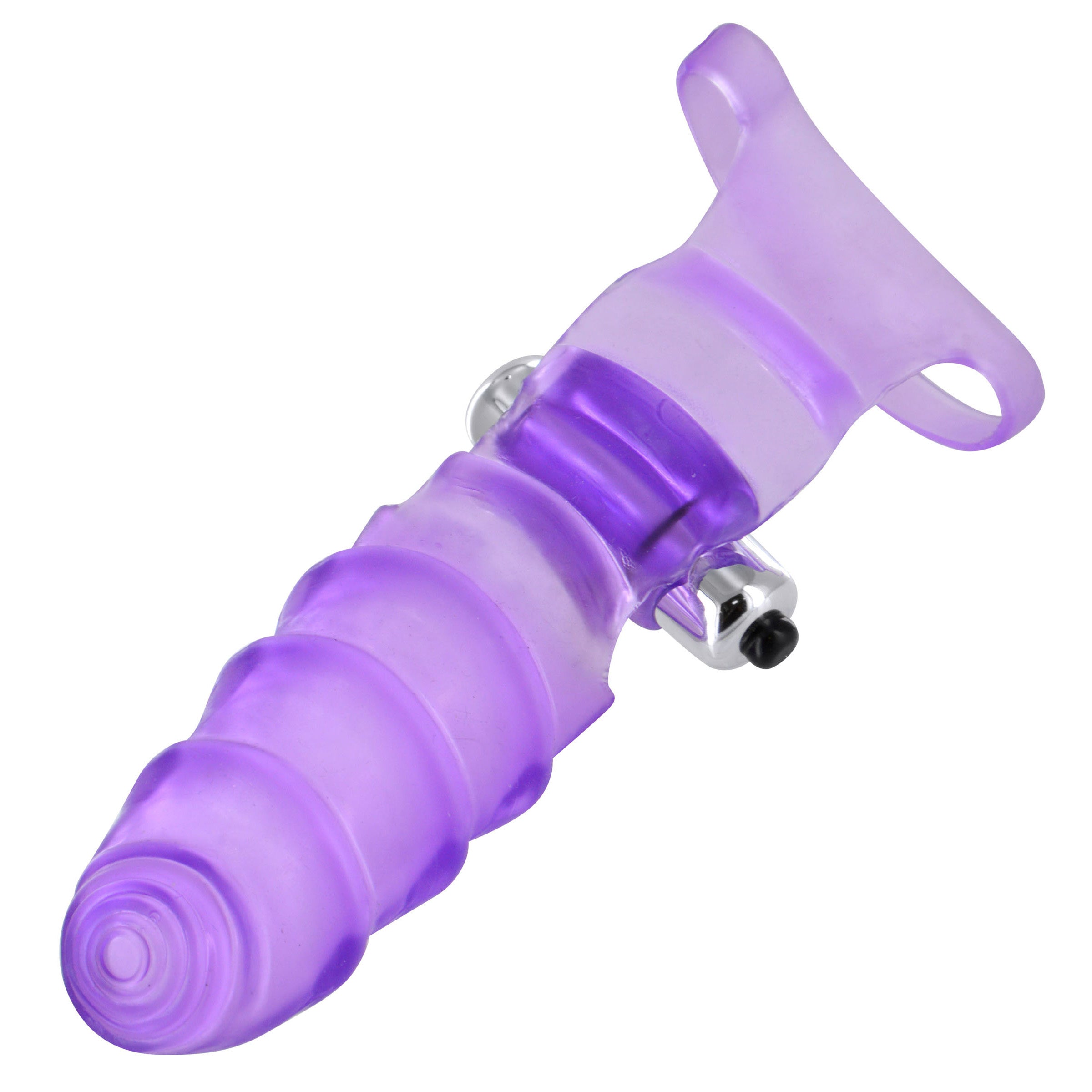 A purple vibrating double finger G-spot glove for sexual stimulation