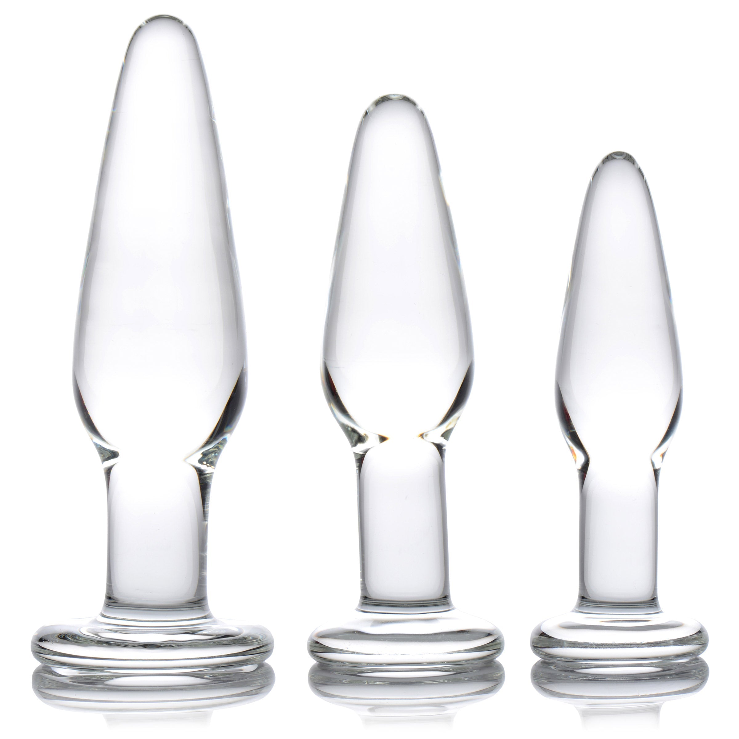 Set of three Dosha glass anal plugs arranged vertically