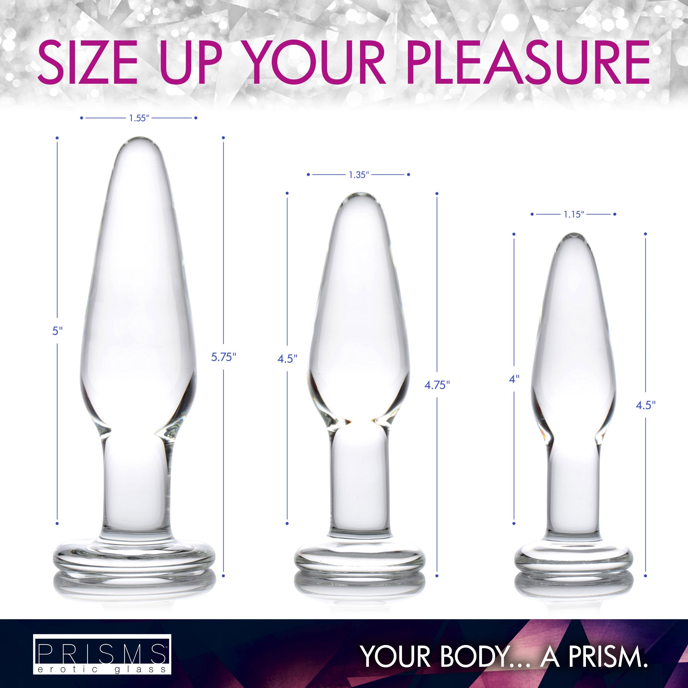 Incremental sizes of Dosha glass anal plugs for pleasure