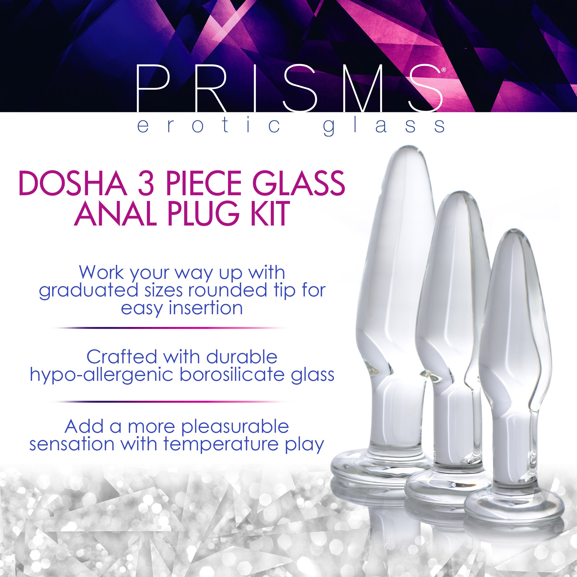 Dosha 3-piece glass anal plug kit on display