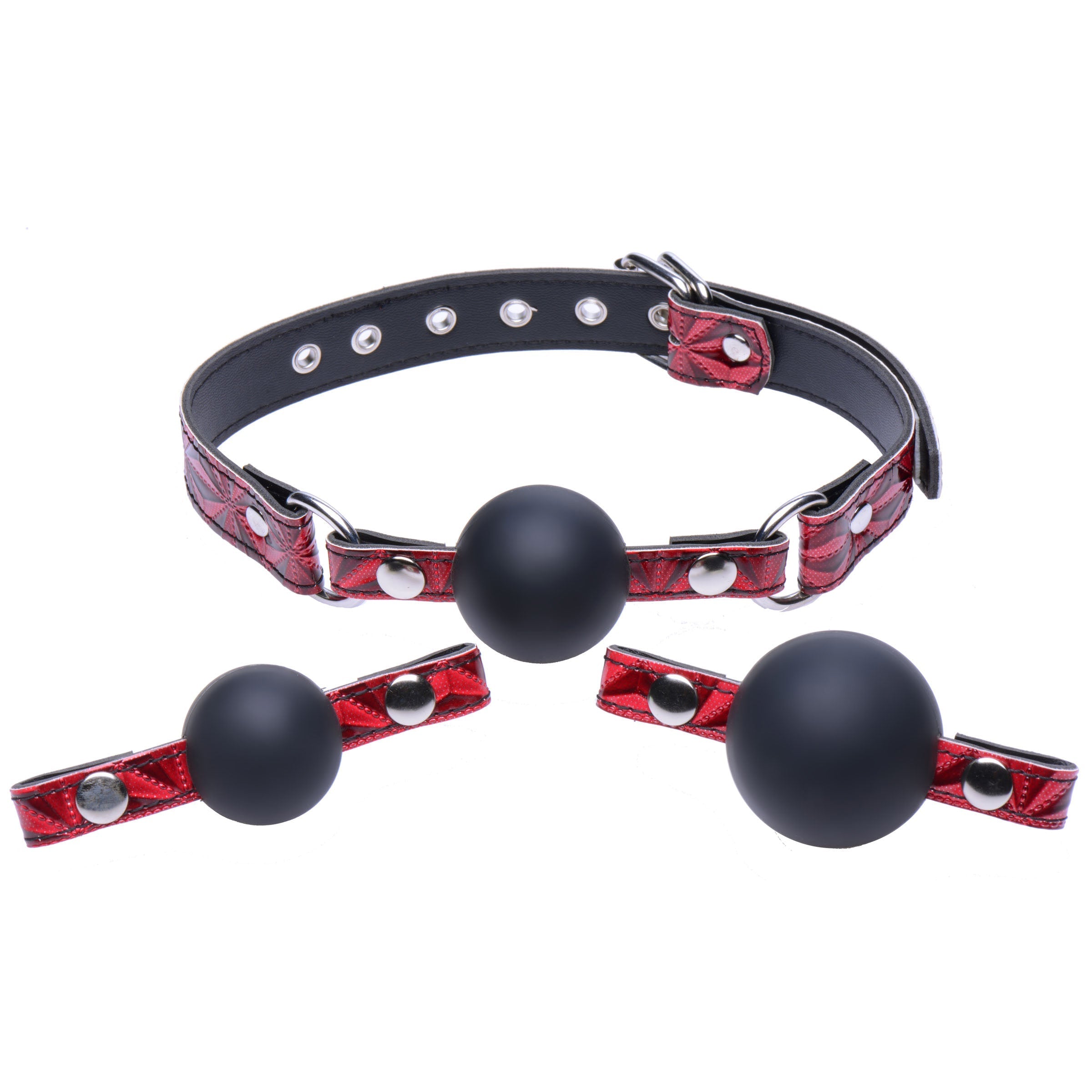 Silicone ball gag with red and black design from the Interchangeable series