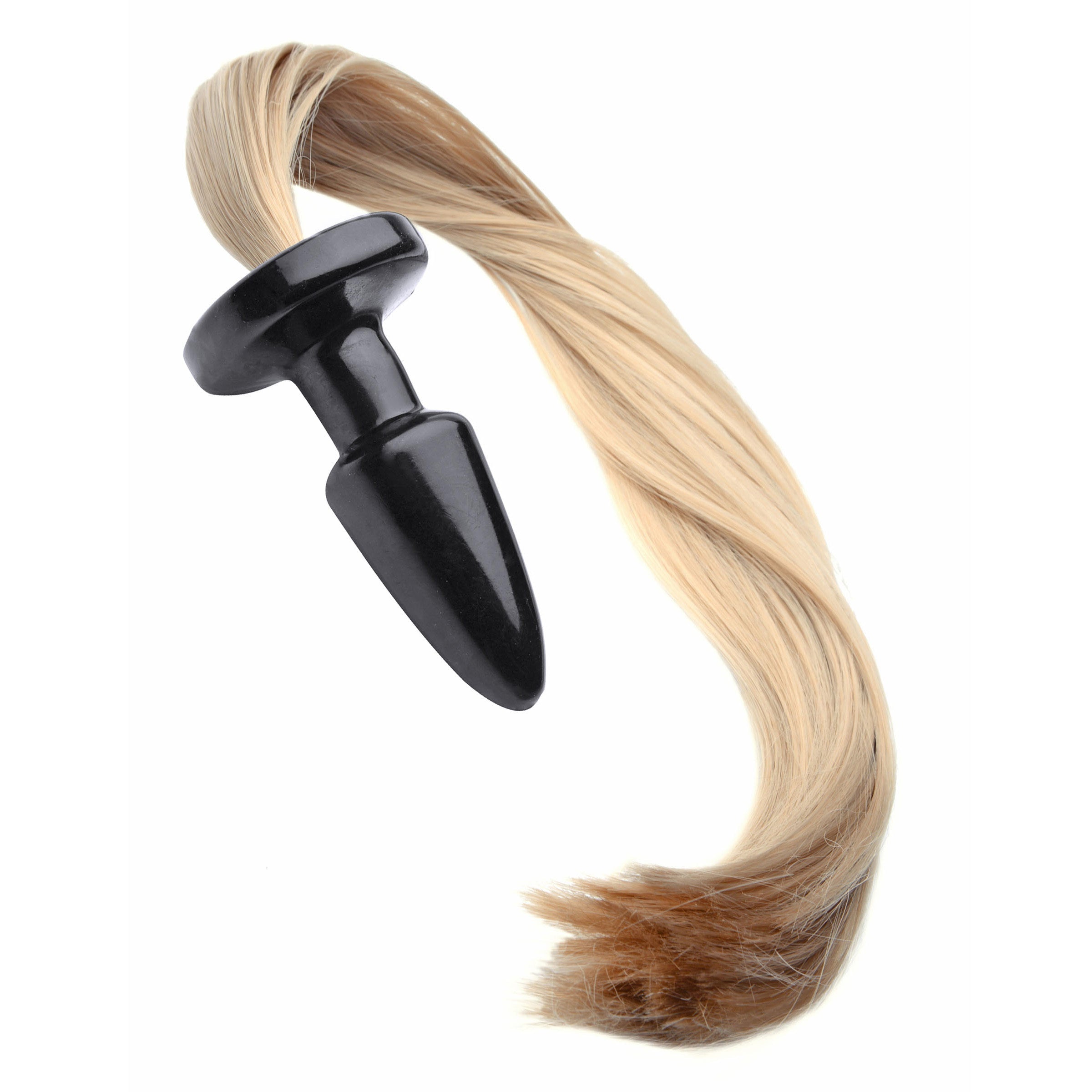 Detail of the Pony Tail Anal Plug's handle and synthetic hair in black and blonde