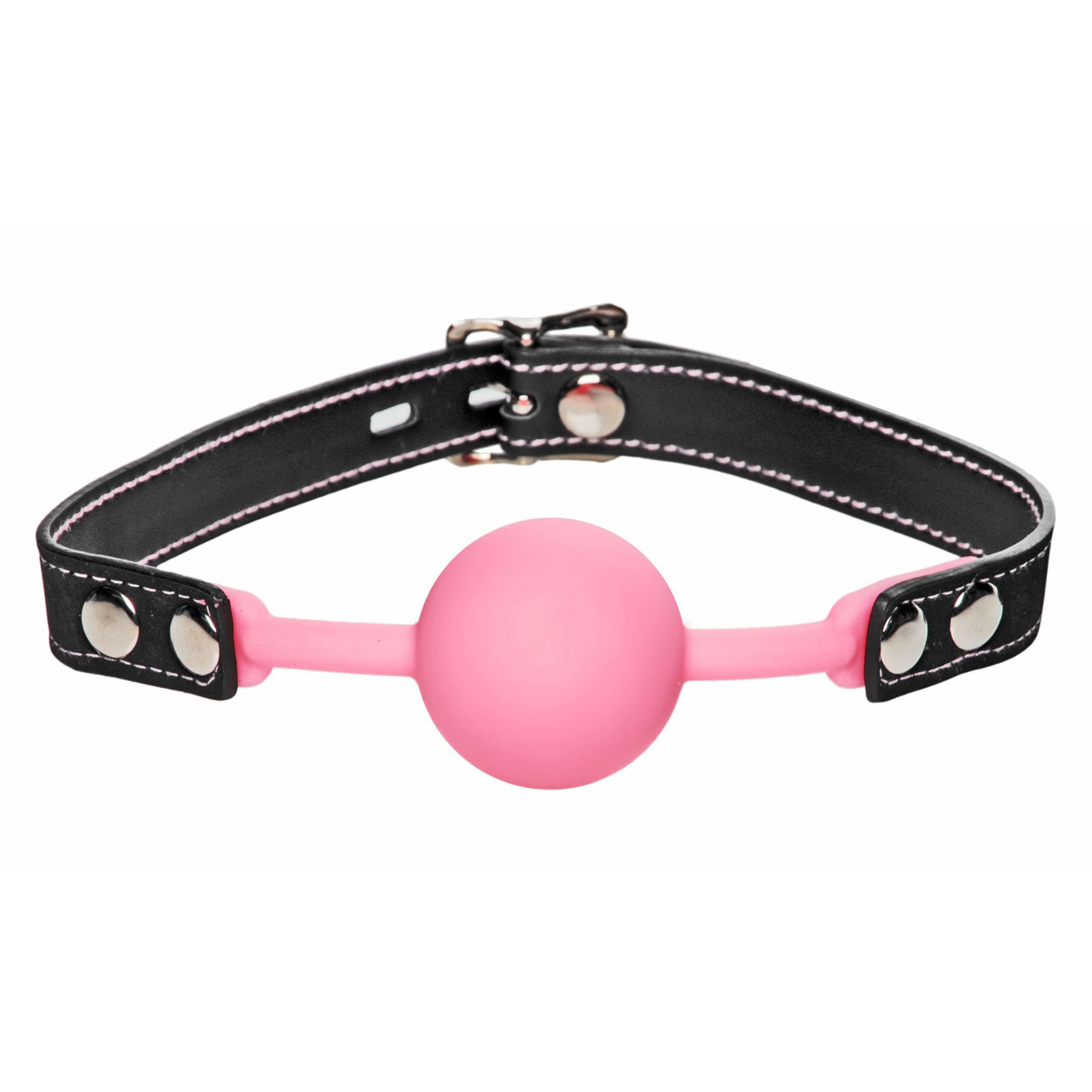 The Glow Gag silicone ball gag connected to a black faux leather collar