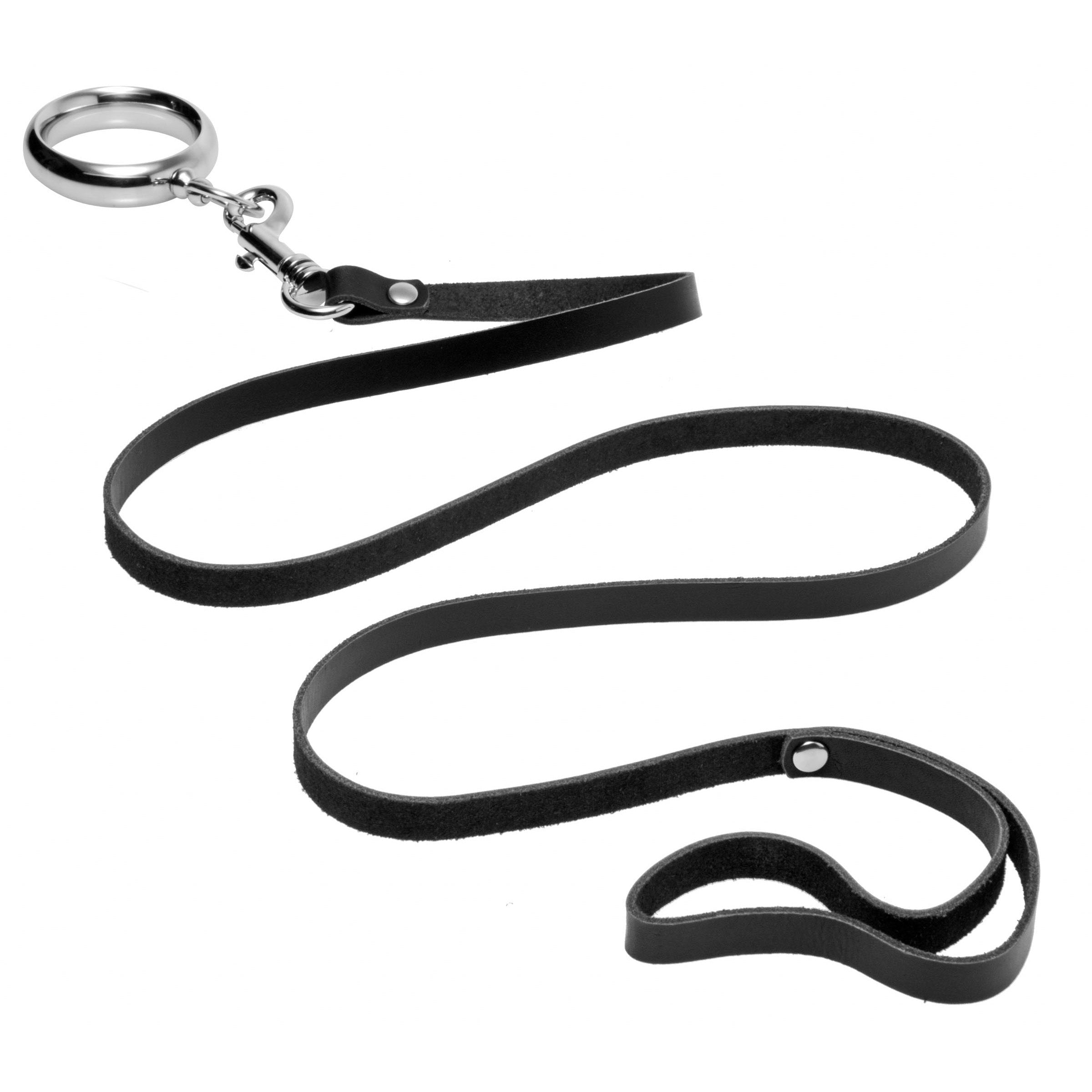 Black leather penis leash with metallic clasp detail