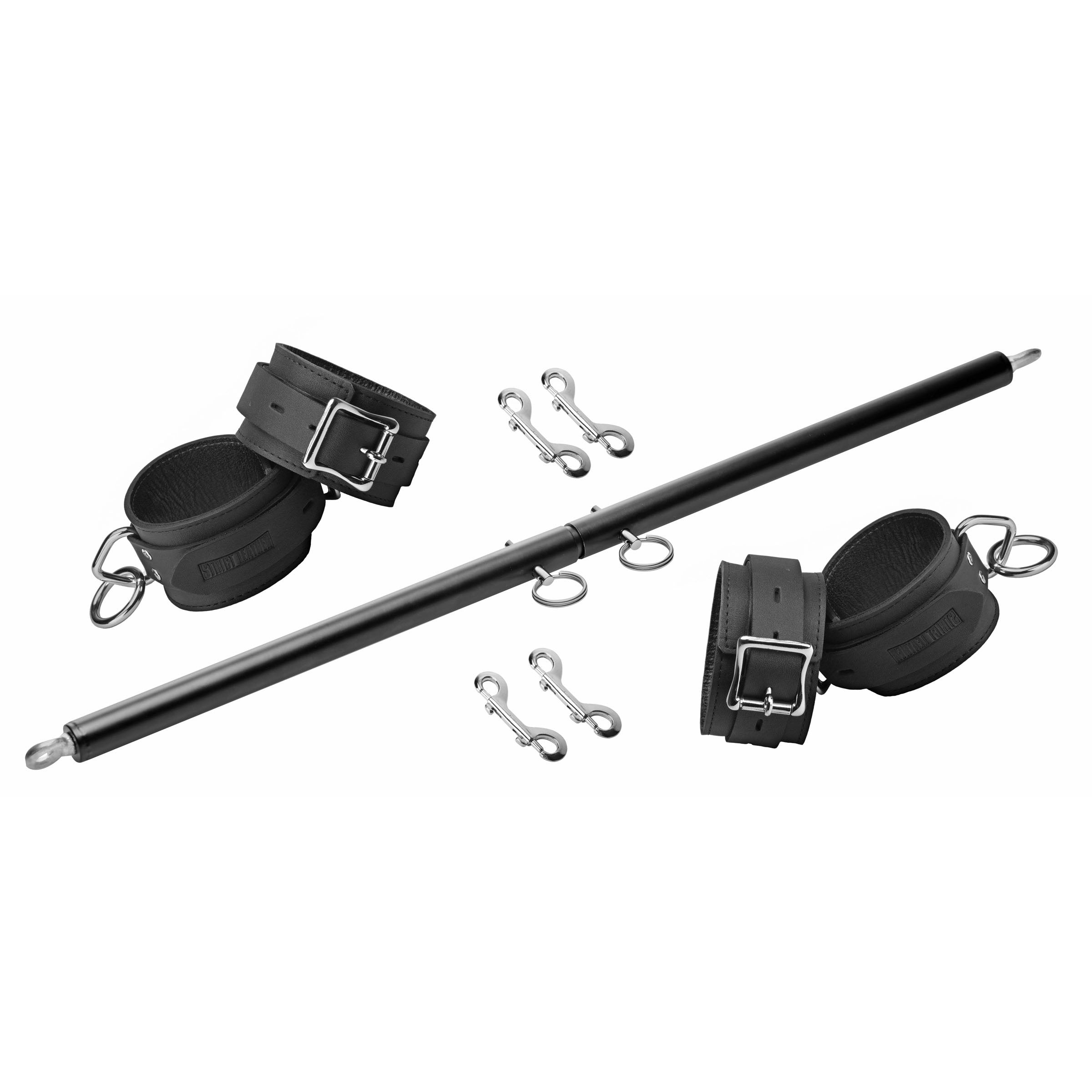 Black Doggy Style Spreader Bar with attached leather cuffs for restraint play