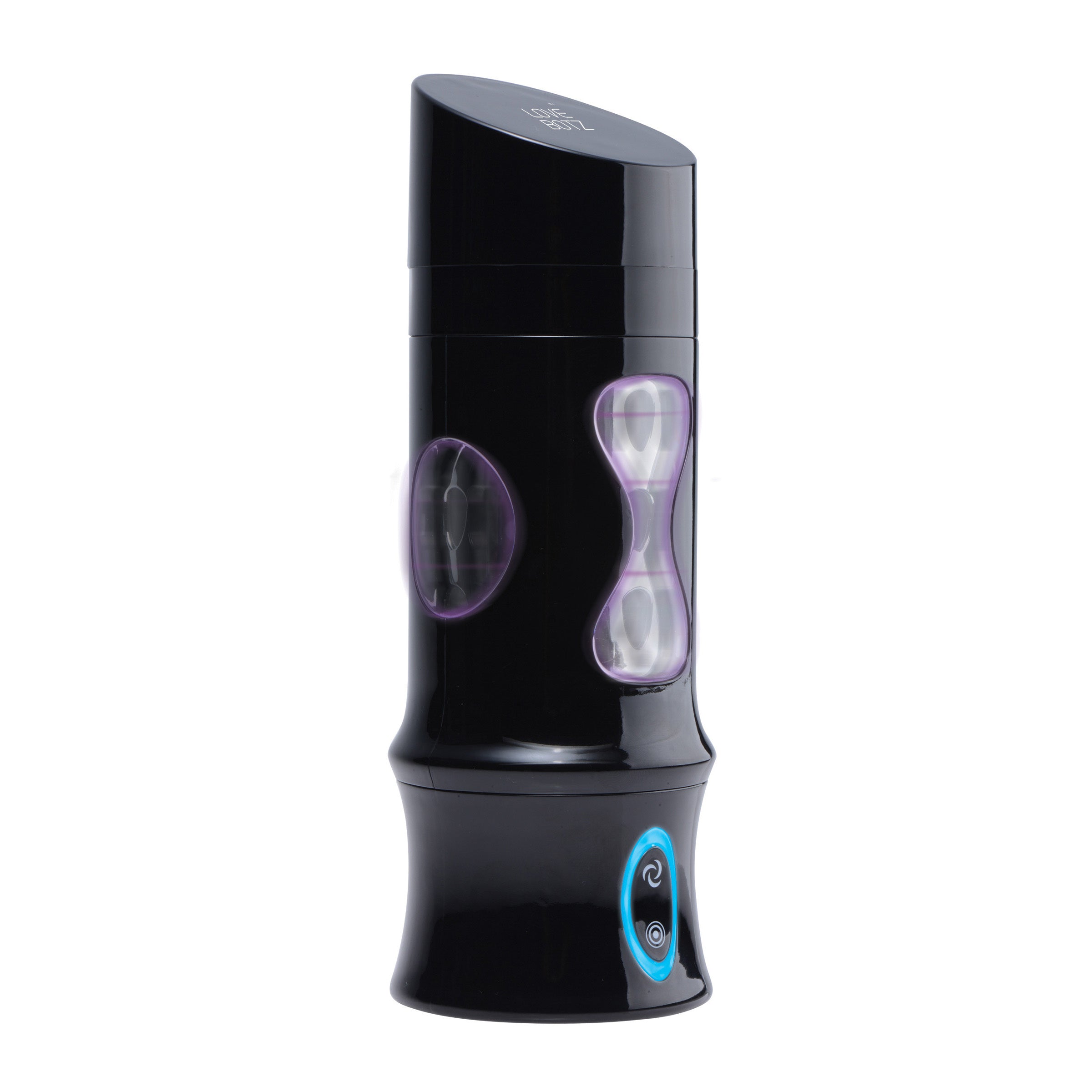 The Beat It 8x Rotating And Rhythmic Masturbator with a black and purple design and illuminated blue light