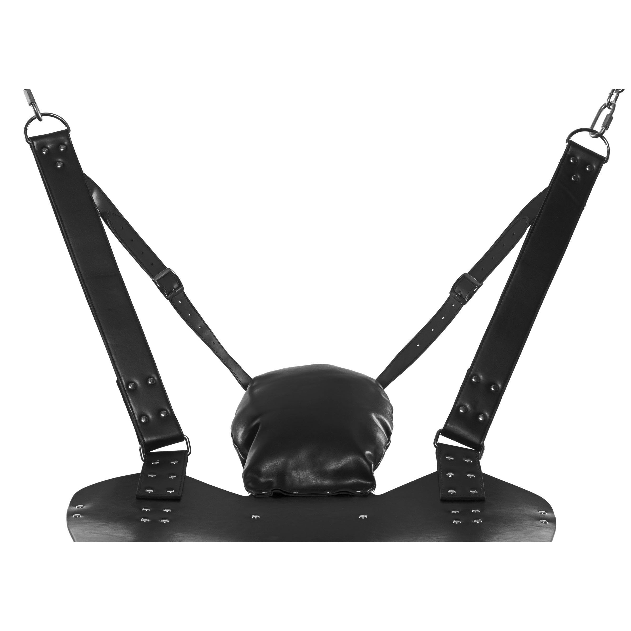 Detail of the Extreme Sling's black leather harness with adjustable straps