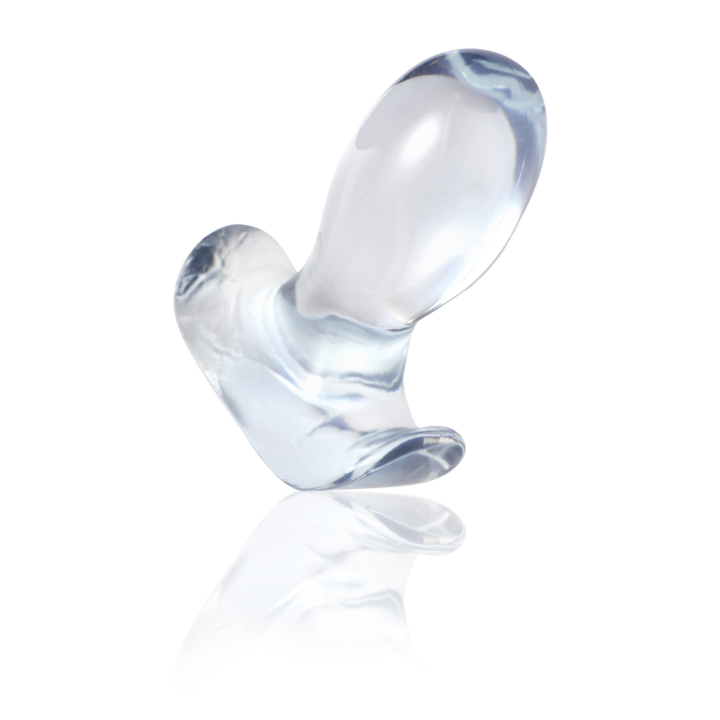 Transparent butt plug designed for intimate use, displayed against a white backdrop