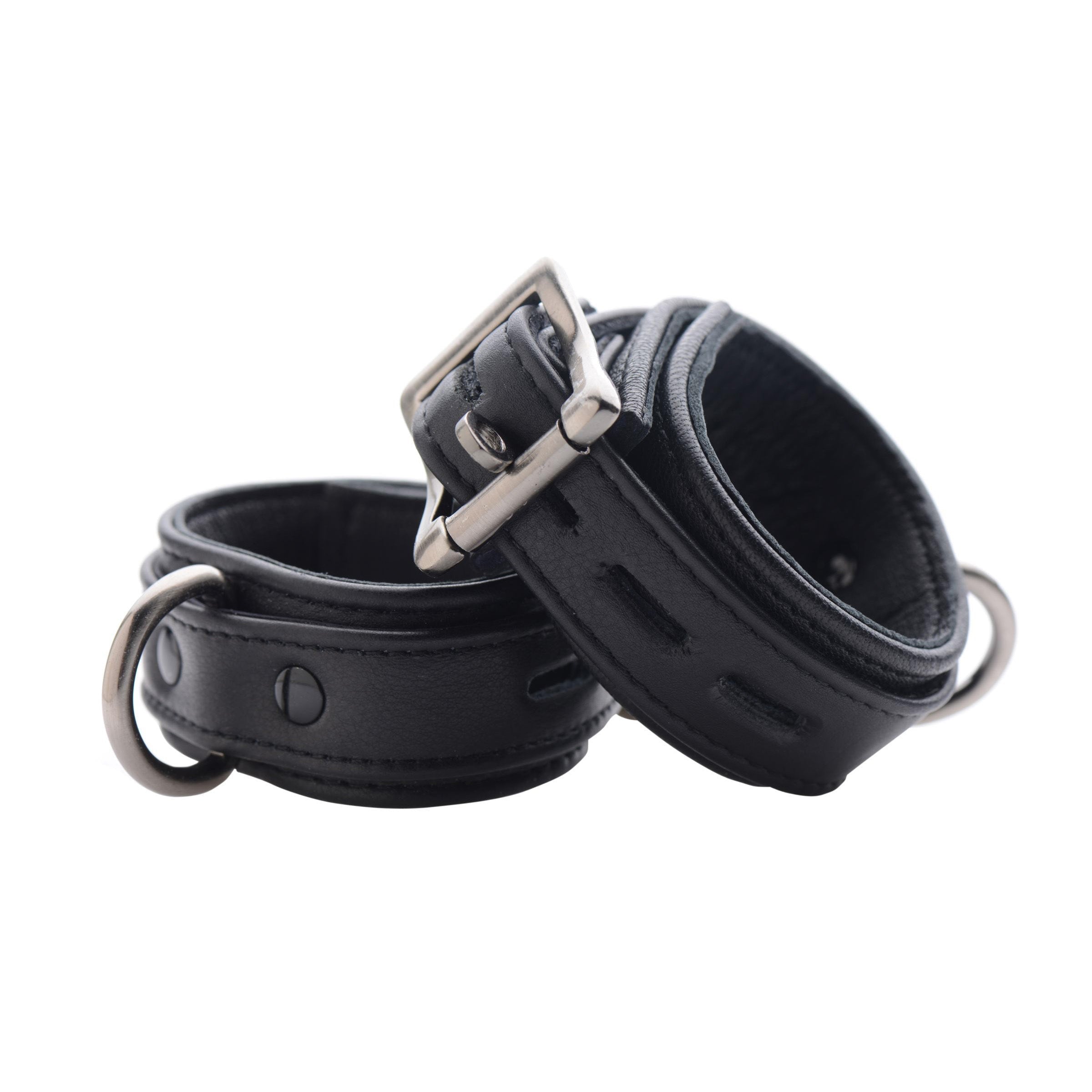 A pair of Strict Leather Luxury Locking Ankle Cuffs with metal hardware