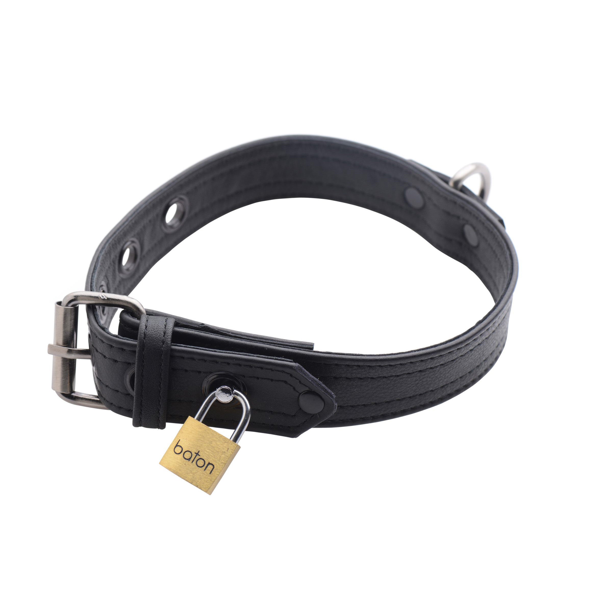 A black leather locking collar designed for luxury with a secure padlock