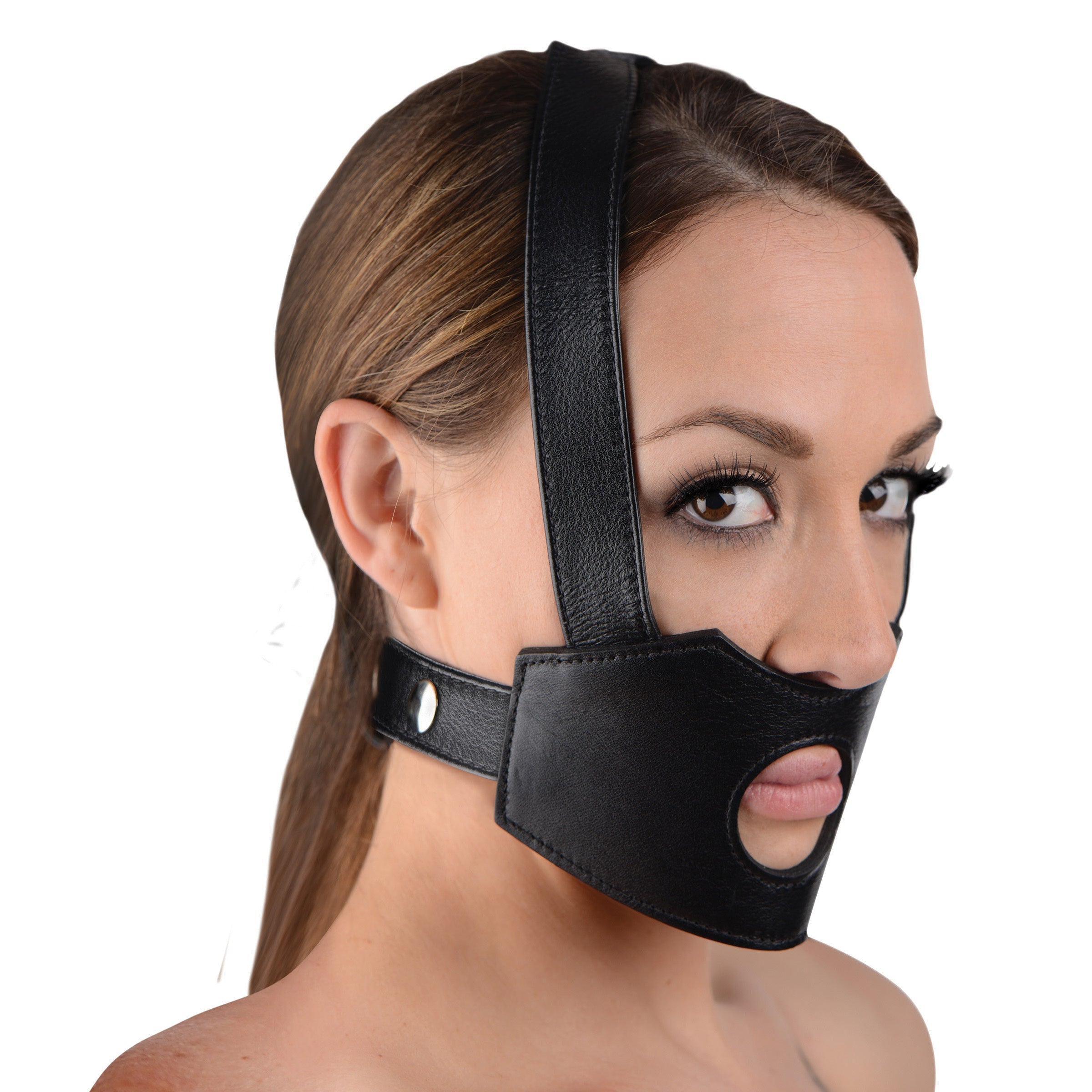 Front view of a model wearing the Face Fuk II Dildo Face Harness