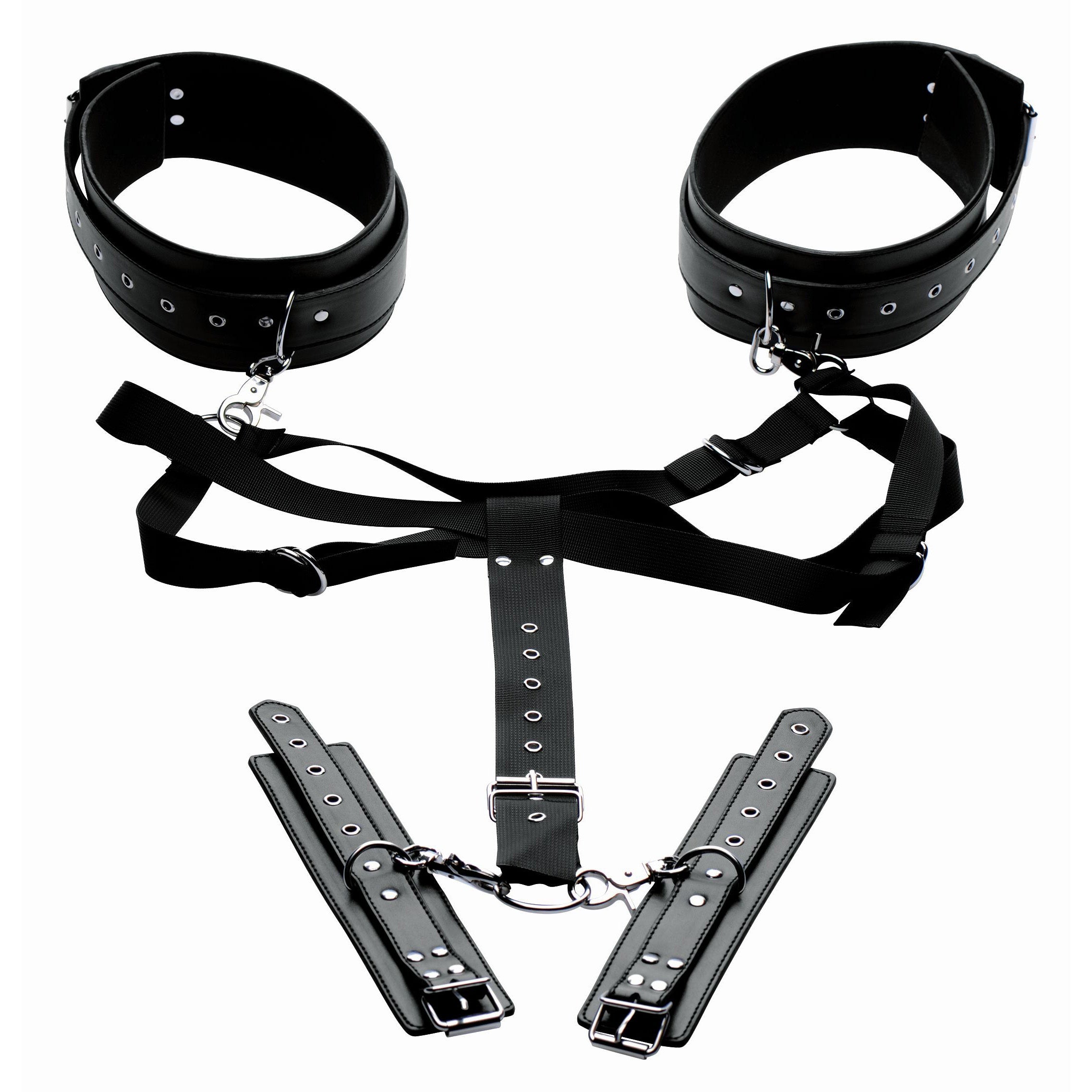 Set of black leather wrist cuffs and adjustable straps for the thigh harness