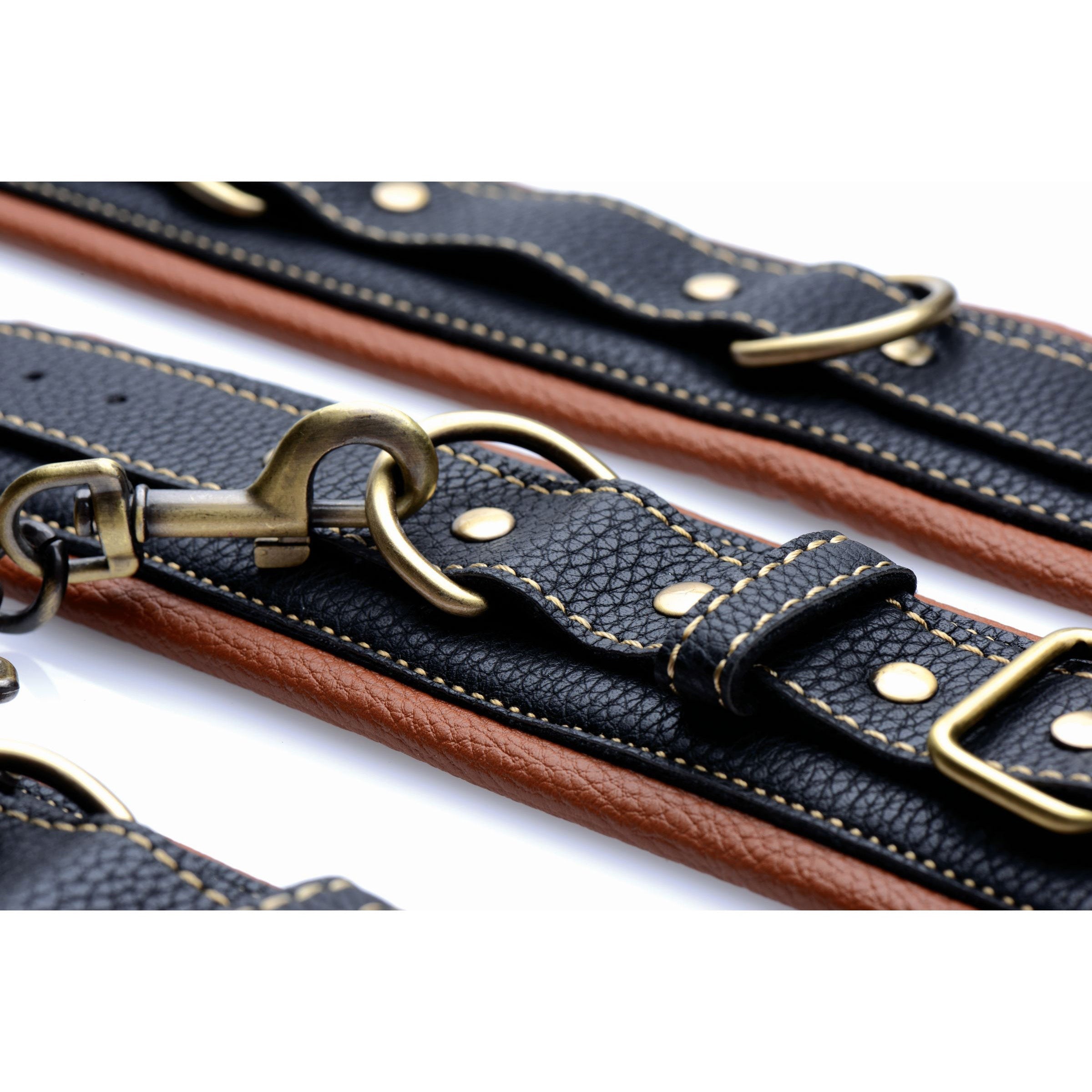 Leather collar connected to wrist restraints with brass buckles