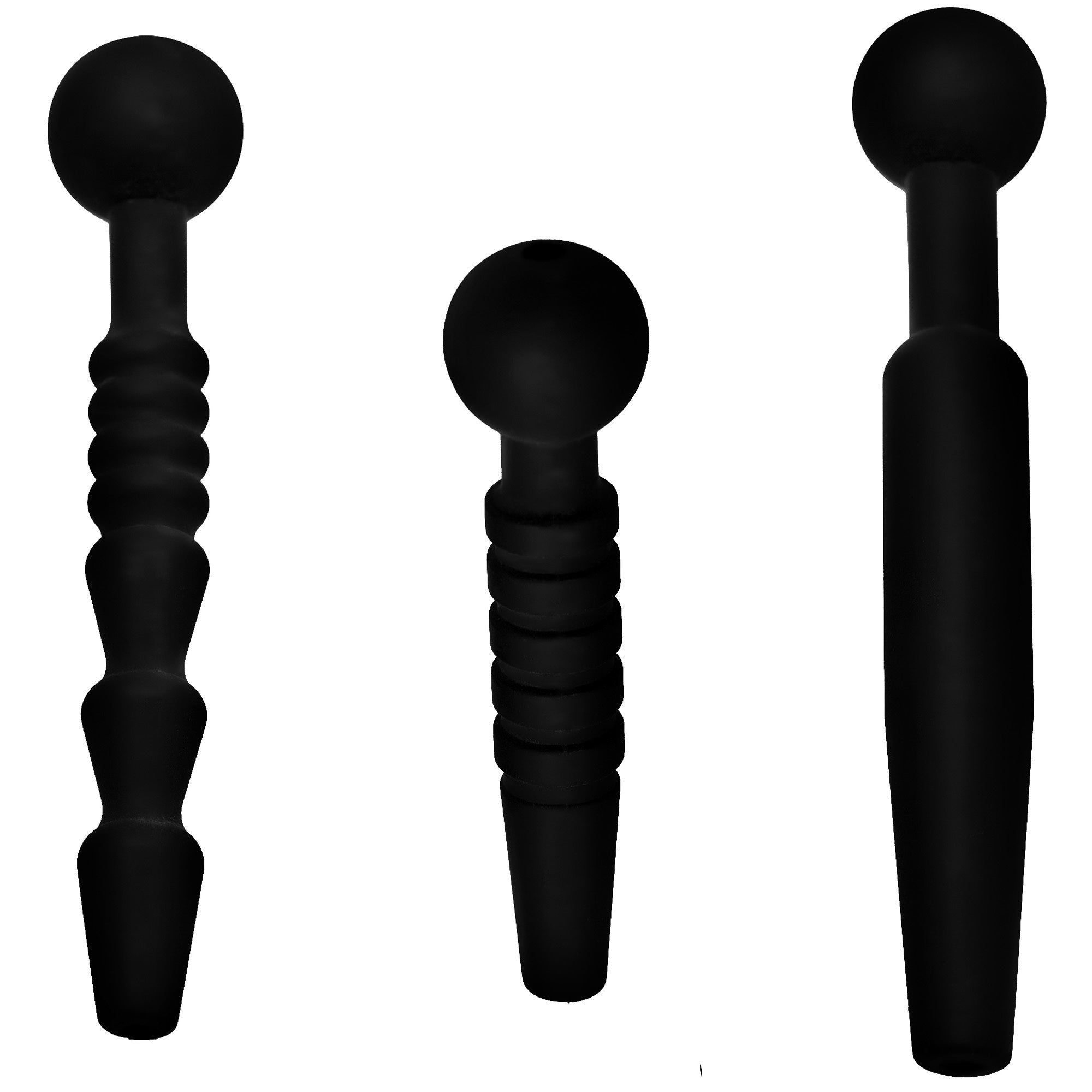 Assorted shapes of black silicone penis plugs in a set of three