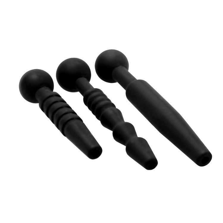 Set of three silicone penis plugs in black with varying designs