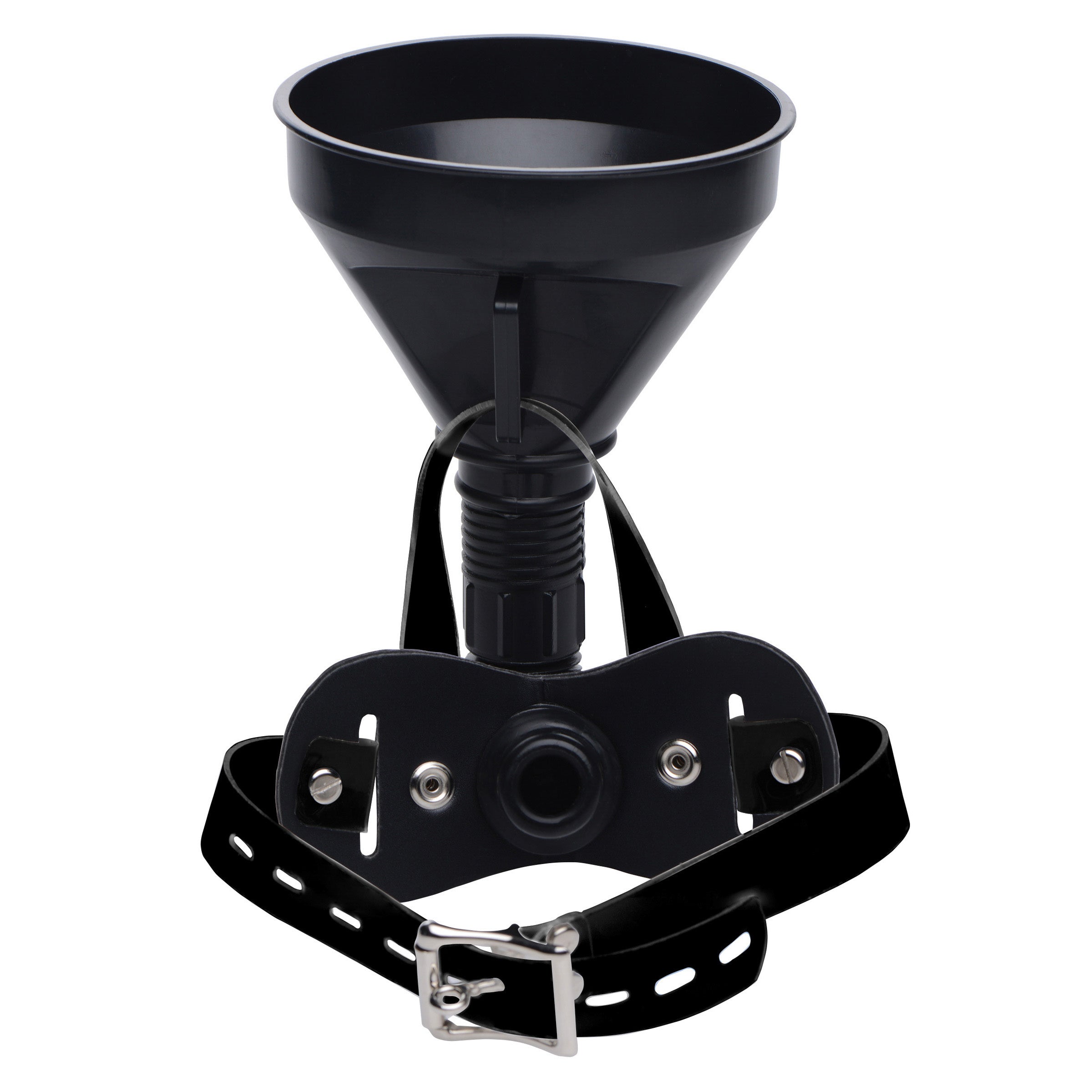 A black funnel gag with adjustable strap for BDSM play