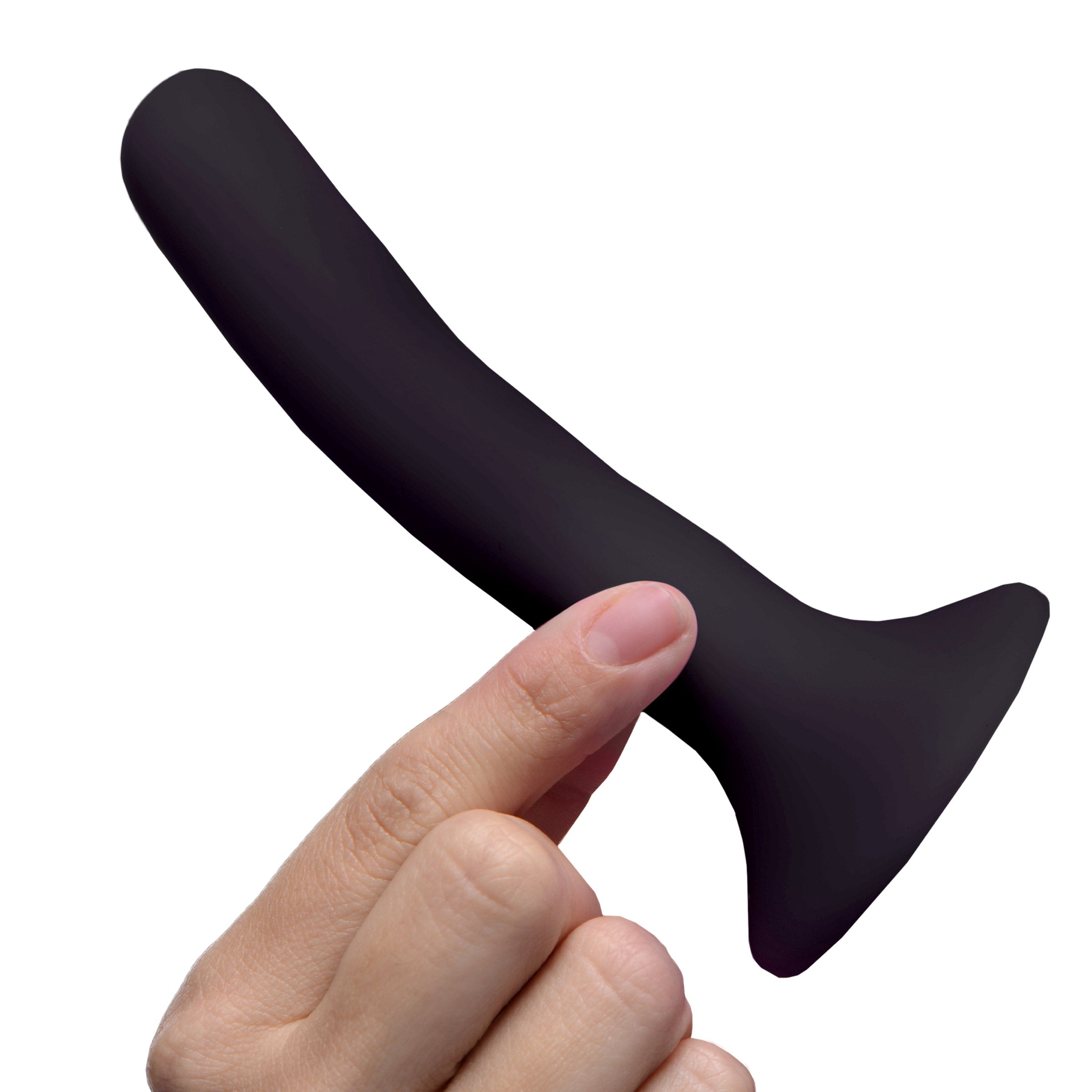 A hand presenting a black silicone strap-on dildo against a white backdrop