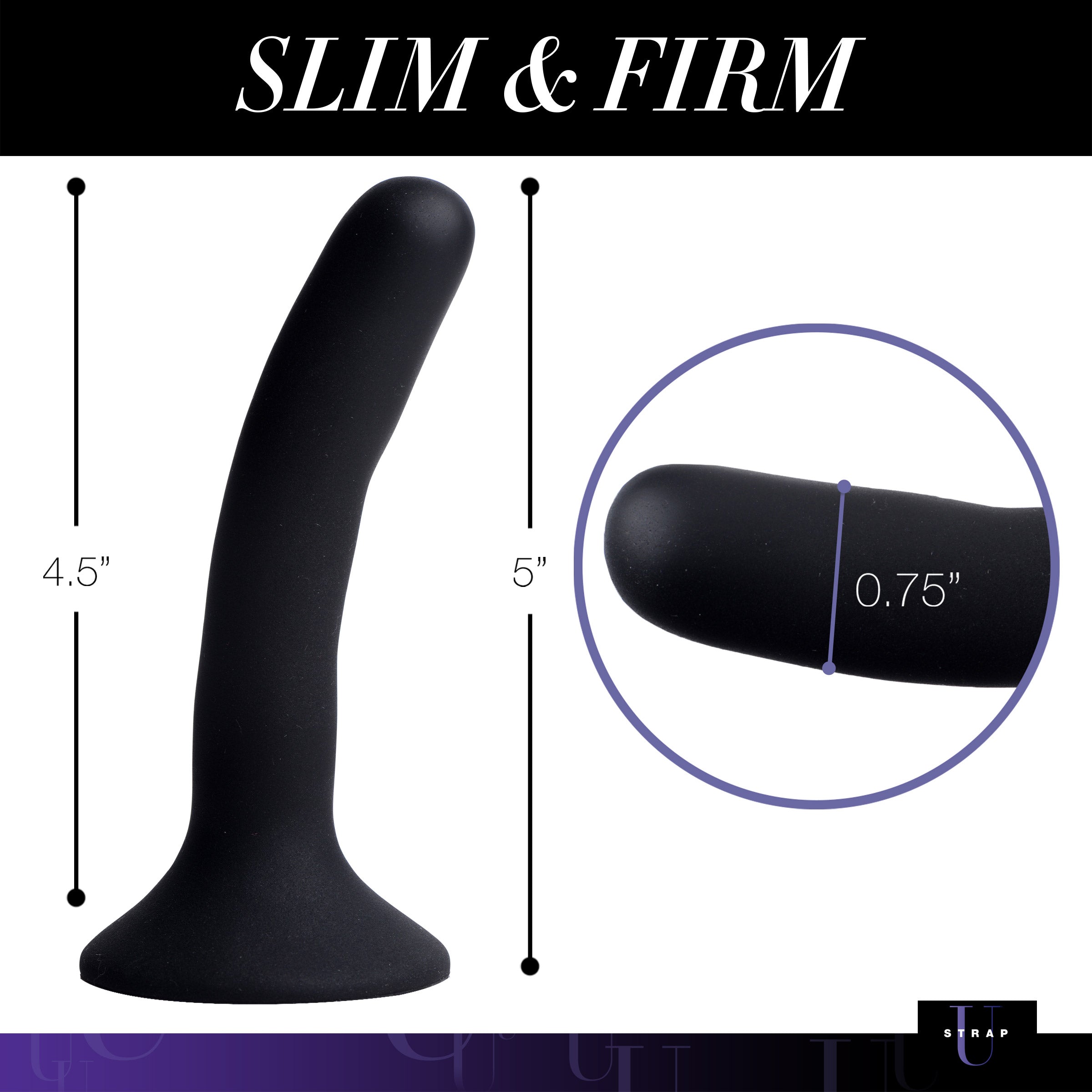 Black silicone strap-on dildo with visible measurements for size reference