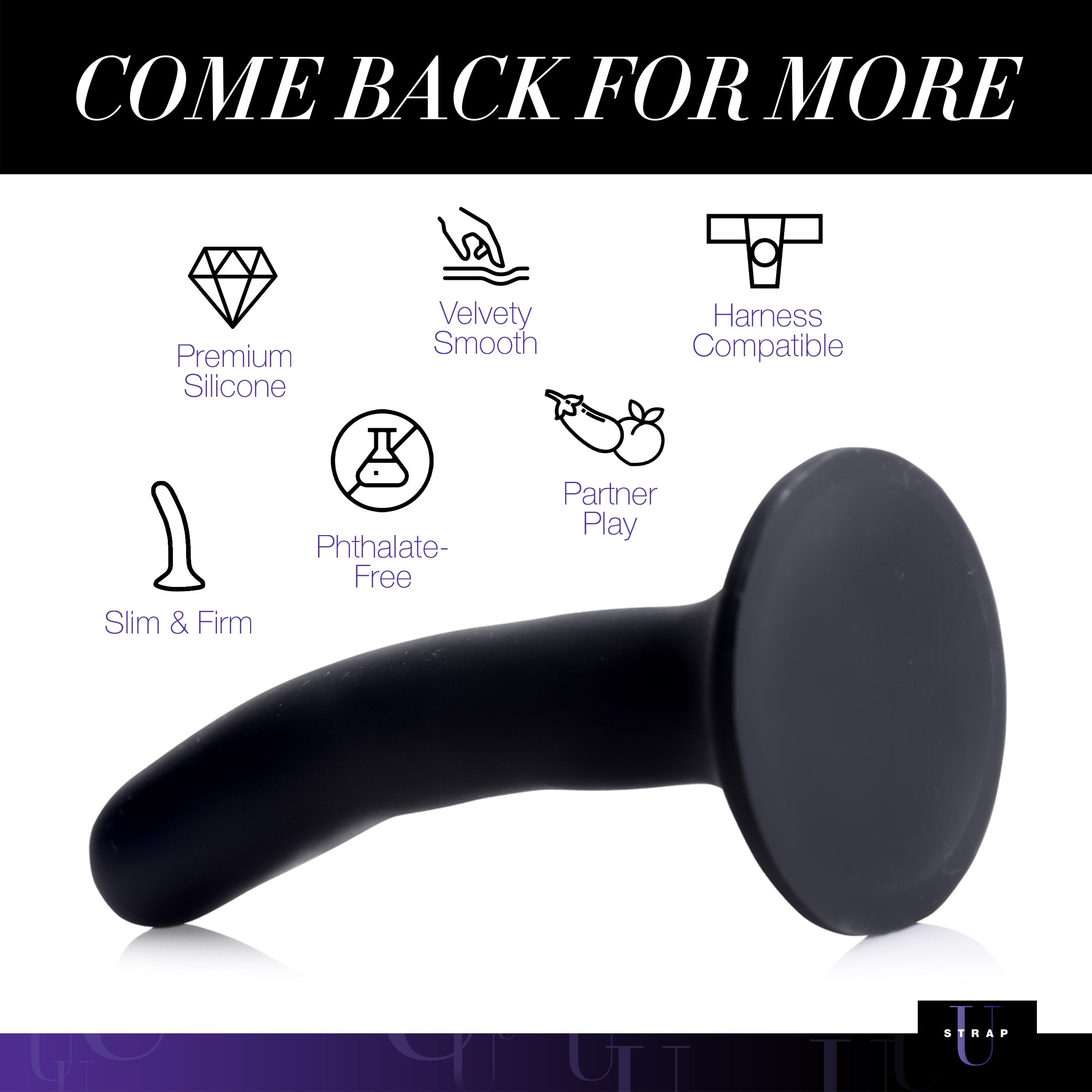 Black silicone strap-on dildo with the phrase come back for more" visible"