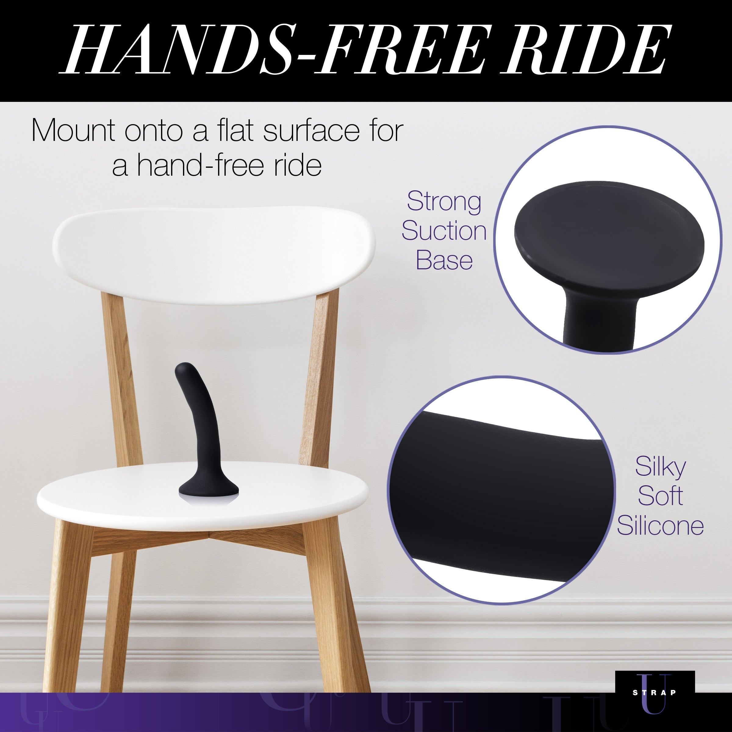 Chair equipped with a black silicone strap-on dildo for hands-free use