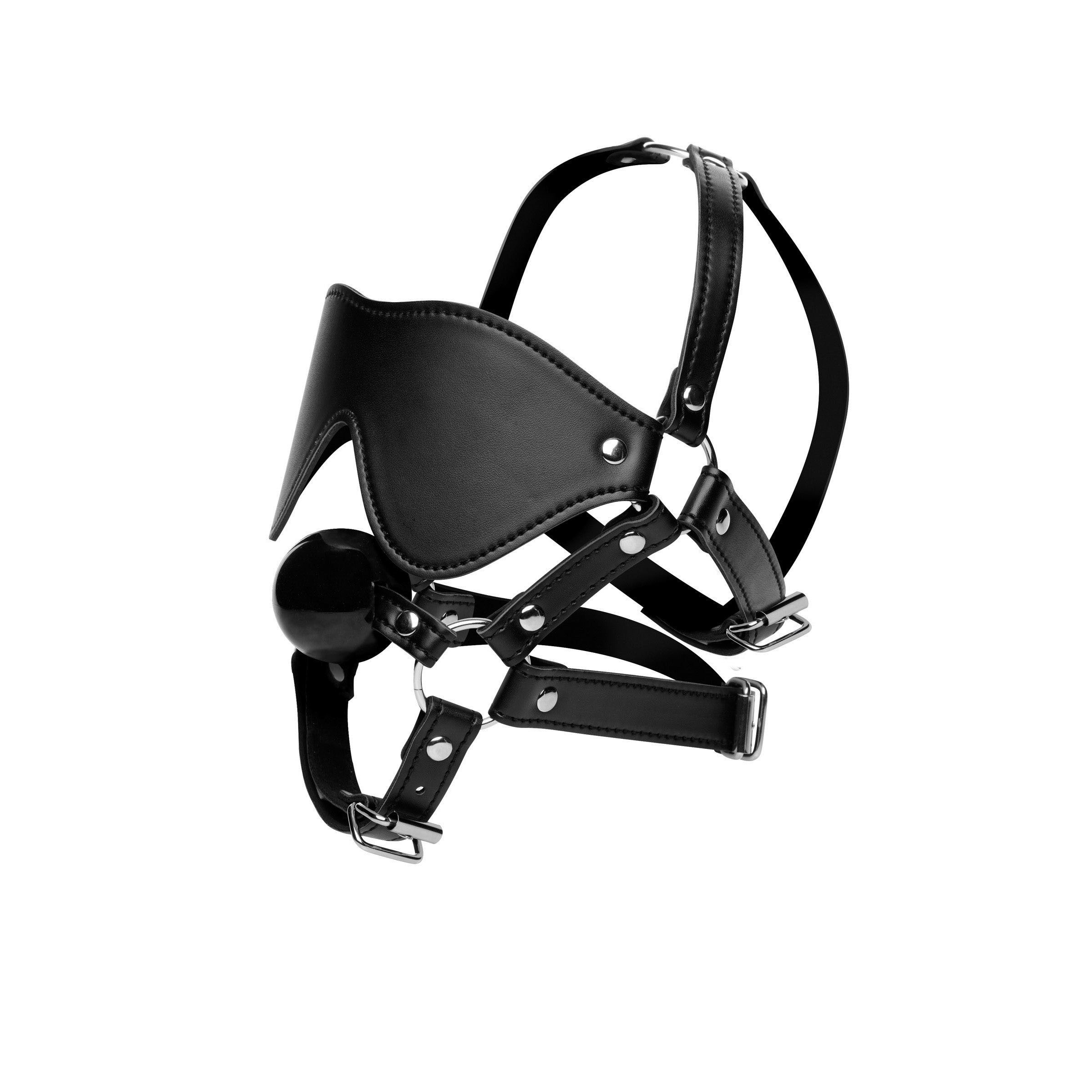 Black leather blindfold harness with buckles