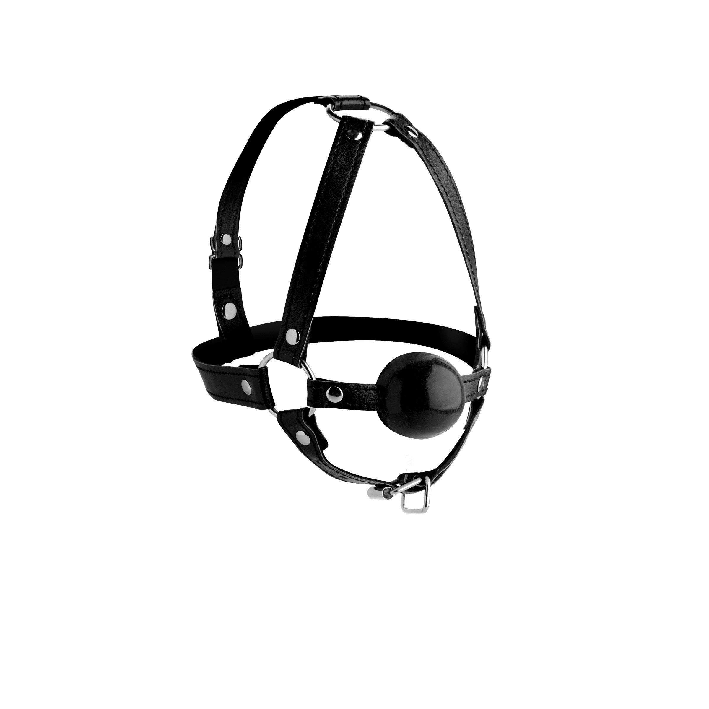 Black leather head harness with attached ball gag for restraint play