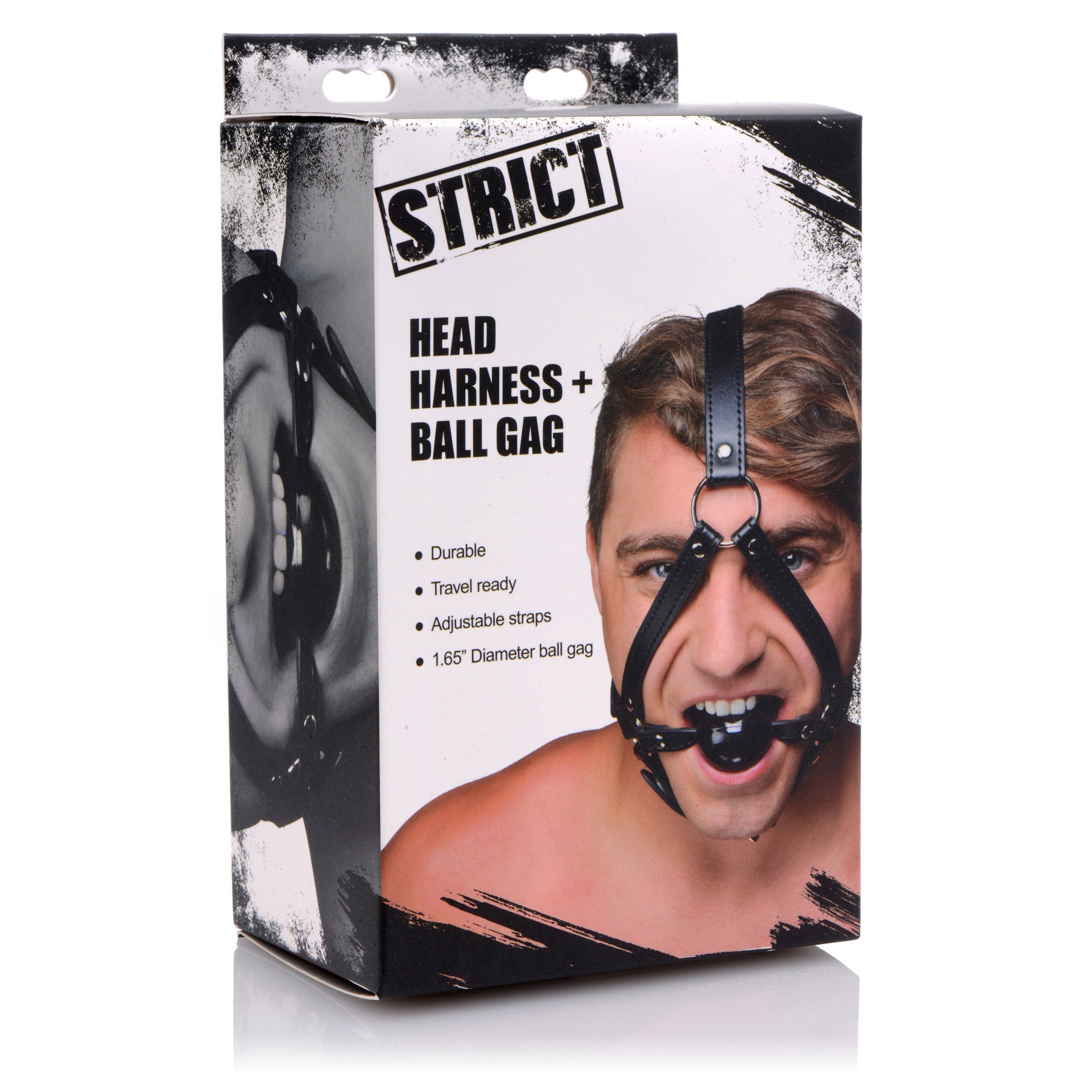 Packaging of the head harness featuring an inch ball gag for BDSM activities