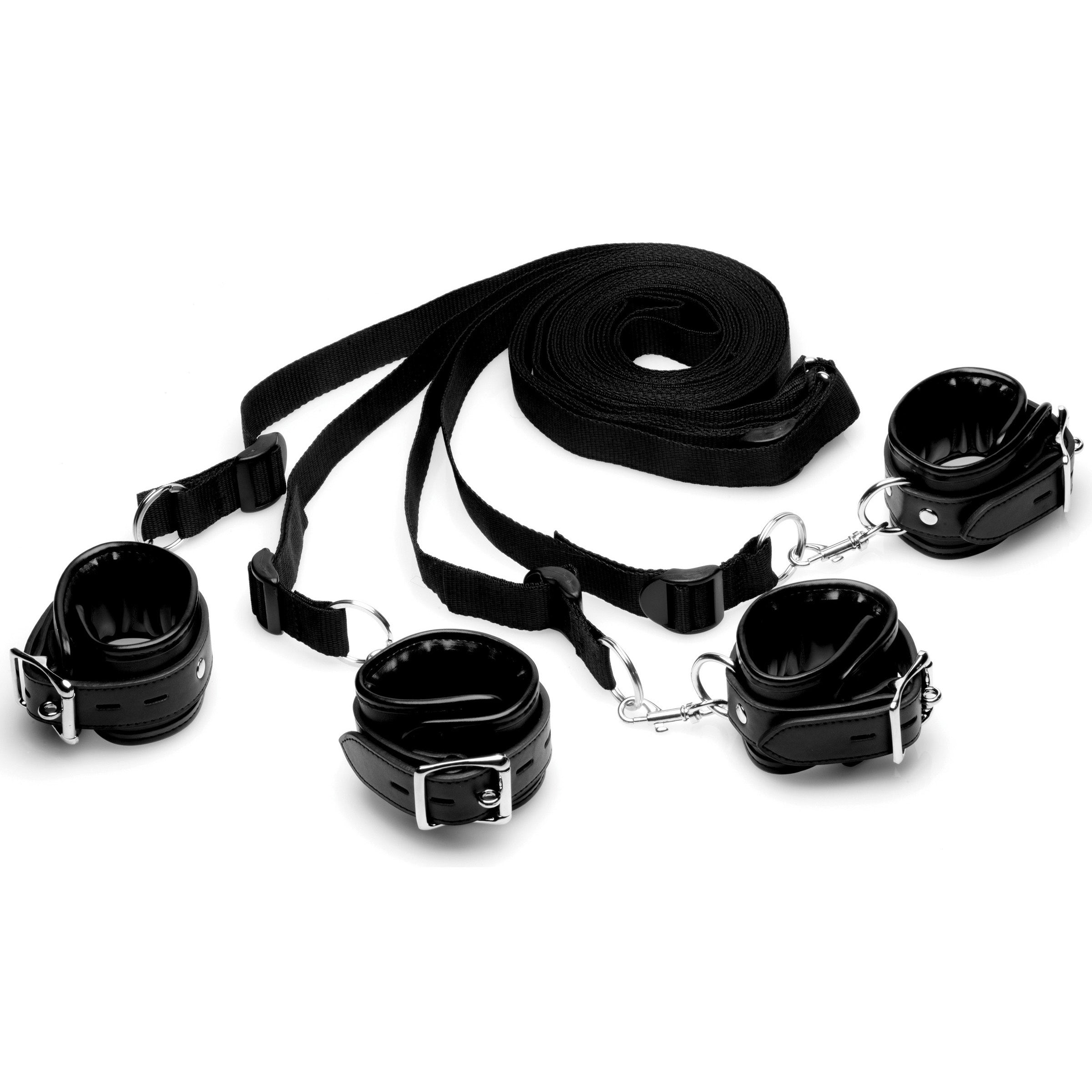 Black leather cuffs and straps from the Deluxe Bed Restraint Kit