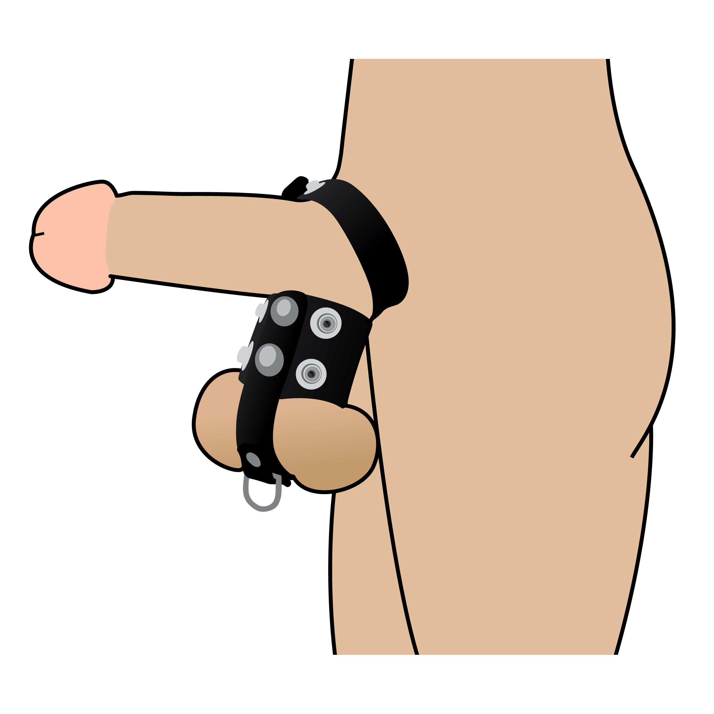 Adjustable black cock strap and ball stretcher on white background