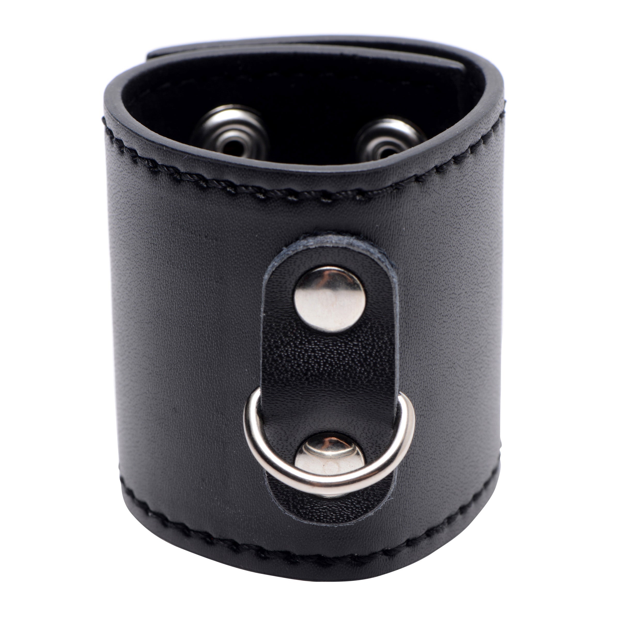 Durable black leather ball cuff with sturdy metal ring