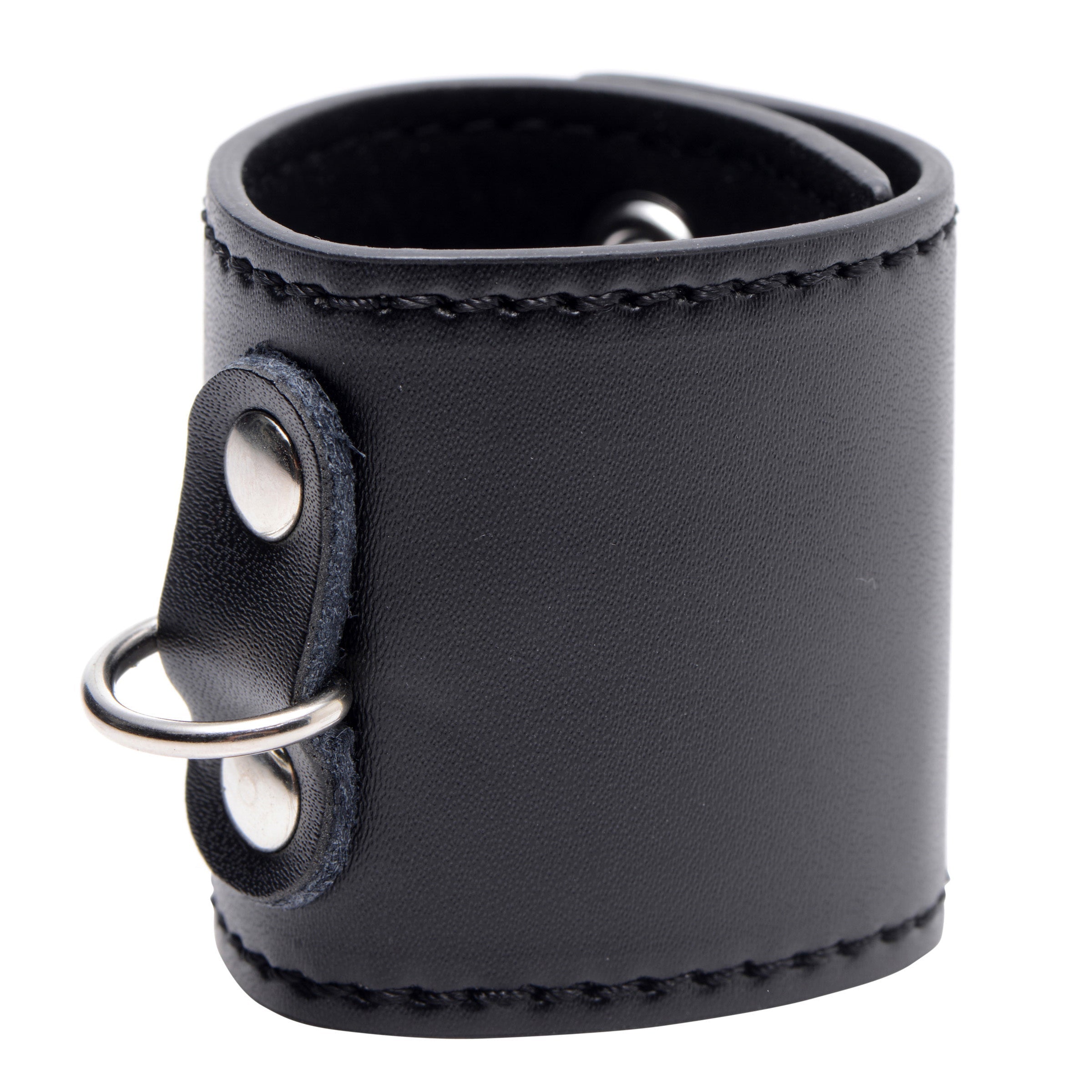 Black leather ball stretcher featuring dual metal rings for adjustment