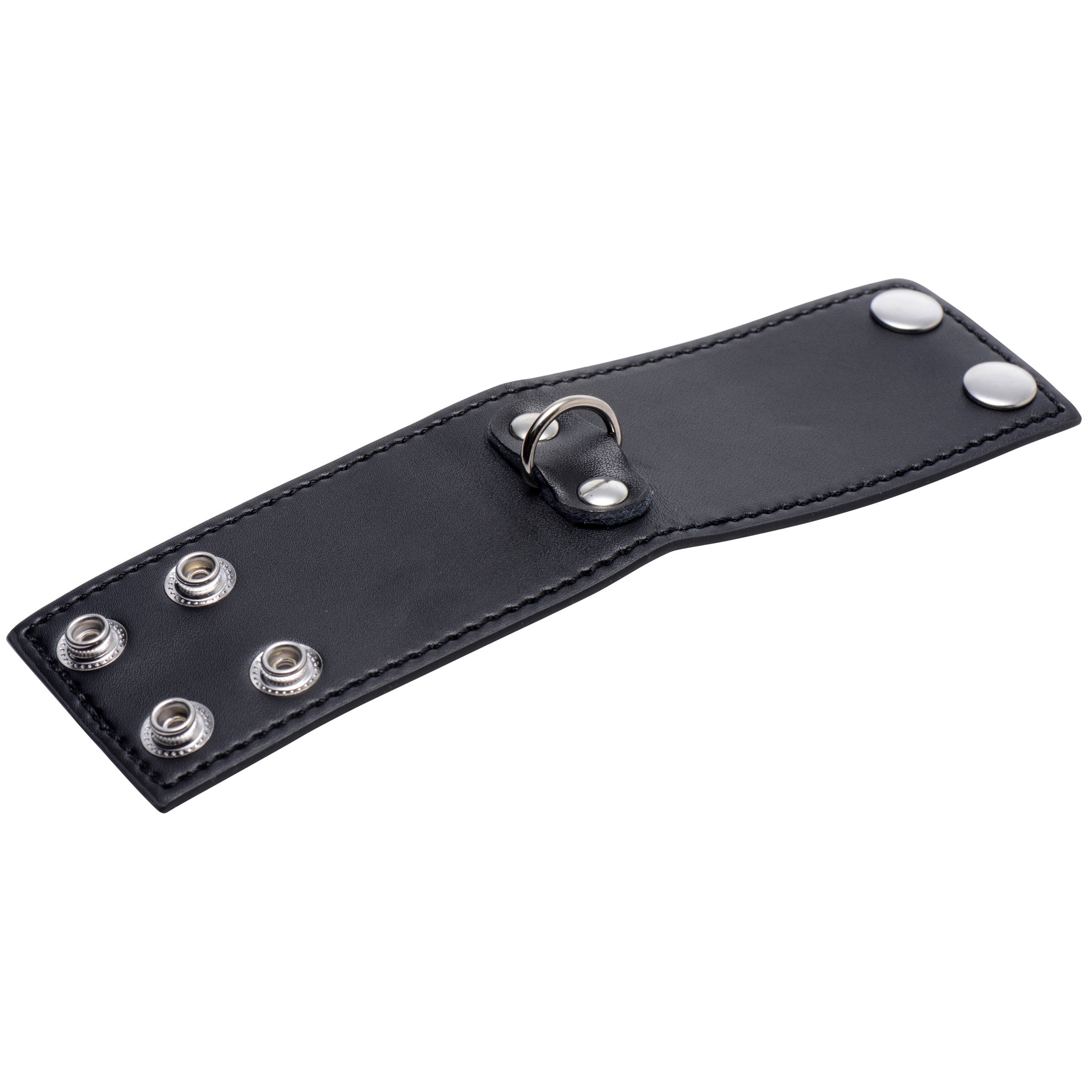 Black leather ball stretcher with metal D-ring and studs