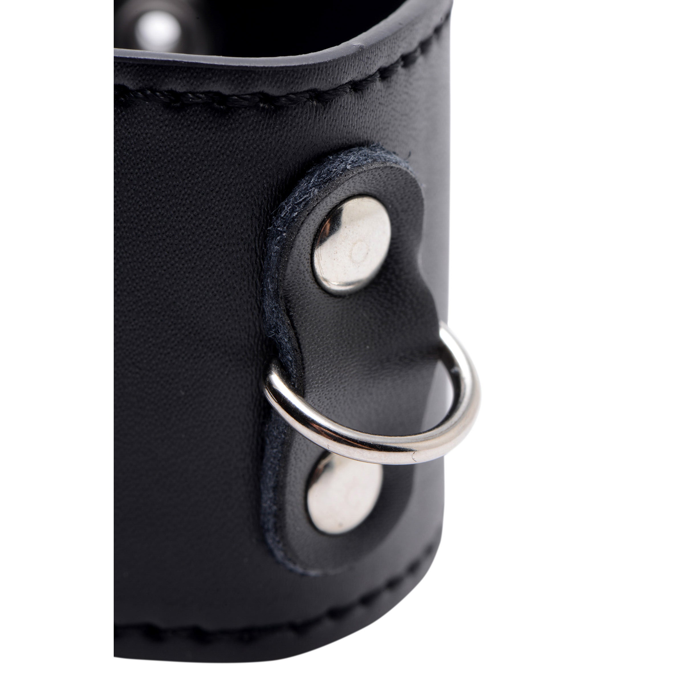 Adjustable black leather ball stretcher with single metal ring