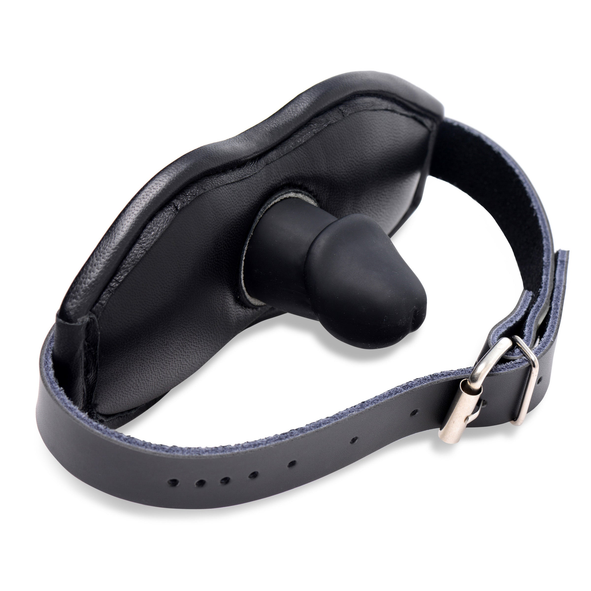 Black leather penis mouth gag with padded silicone and adjustable strap