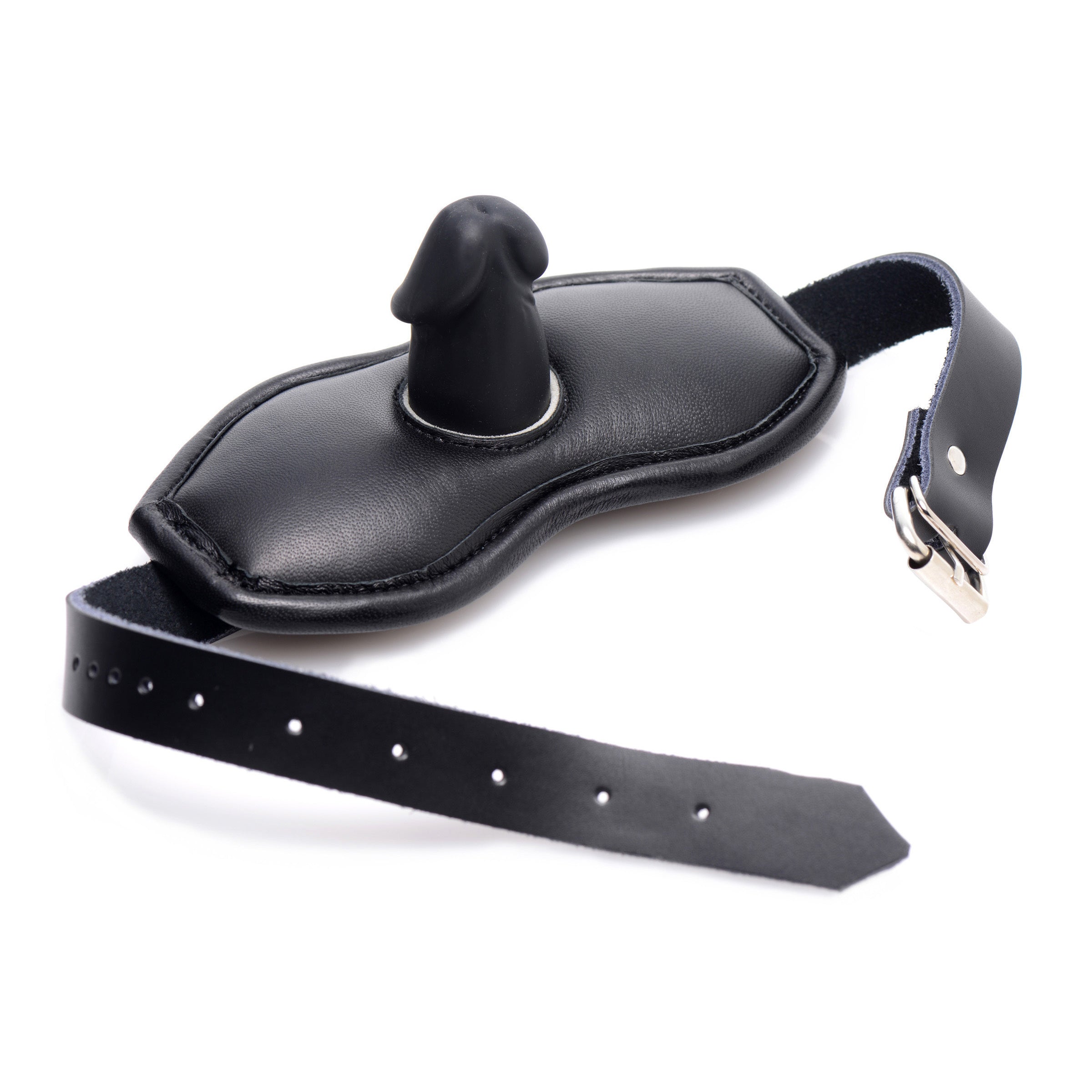 Close-up of the adjustable buckle on a leather penis mouth gag