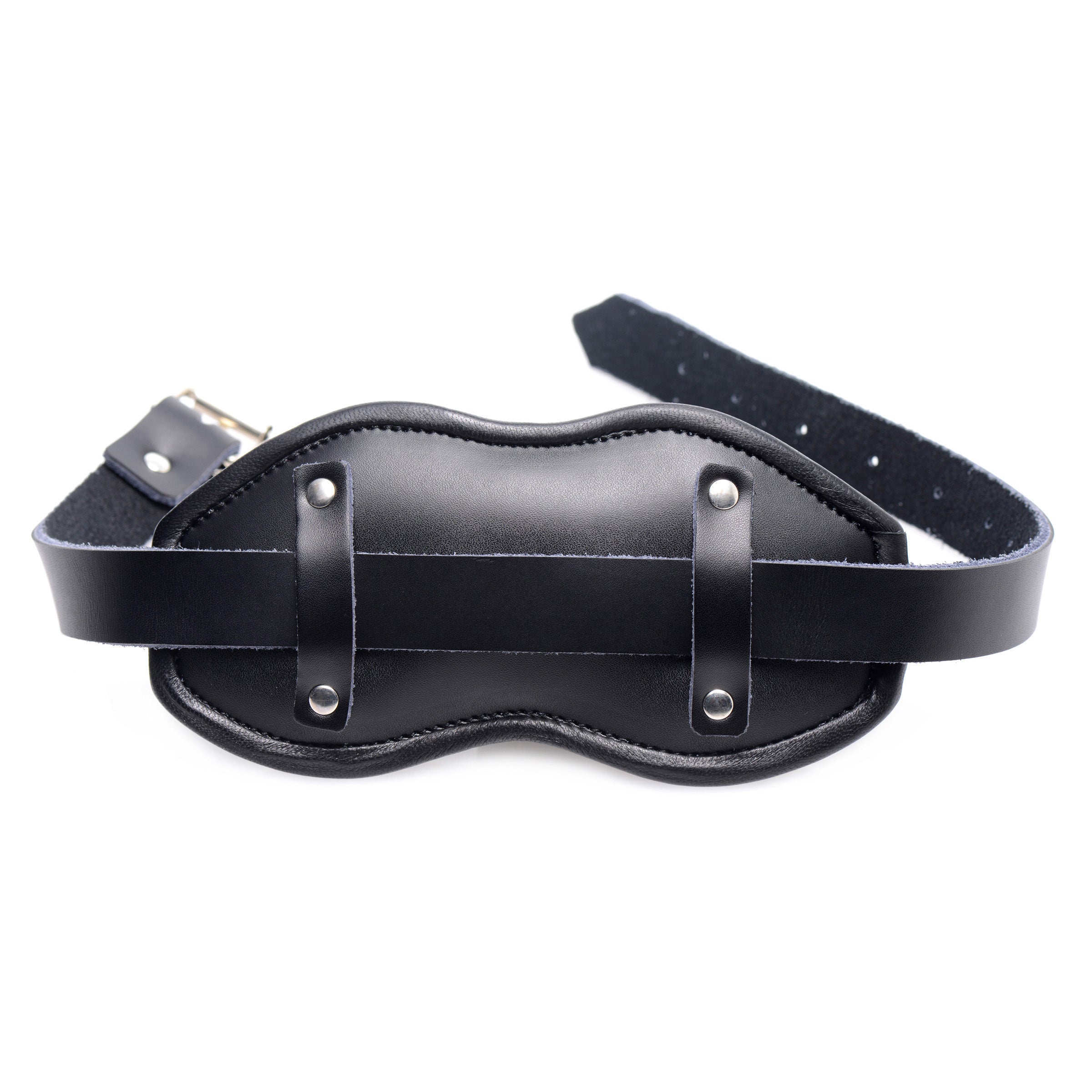 Detail of the metal buckles on a leather silicone padded penis gag