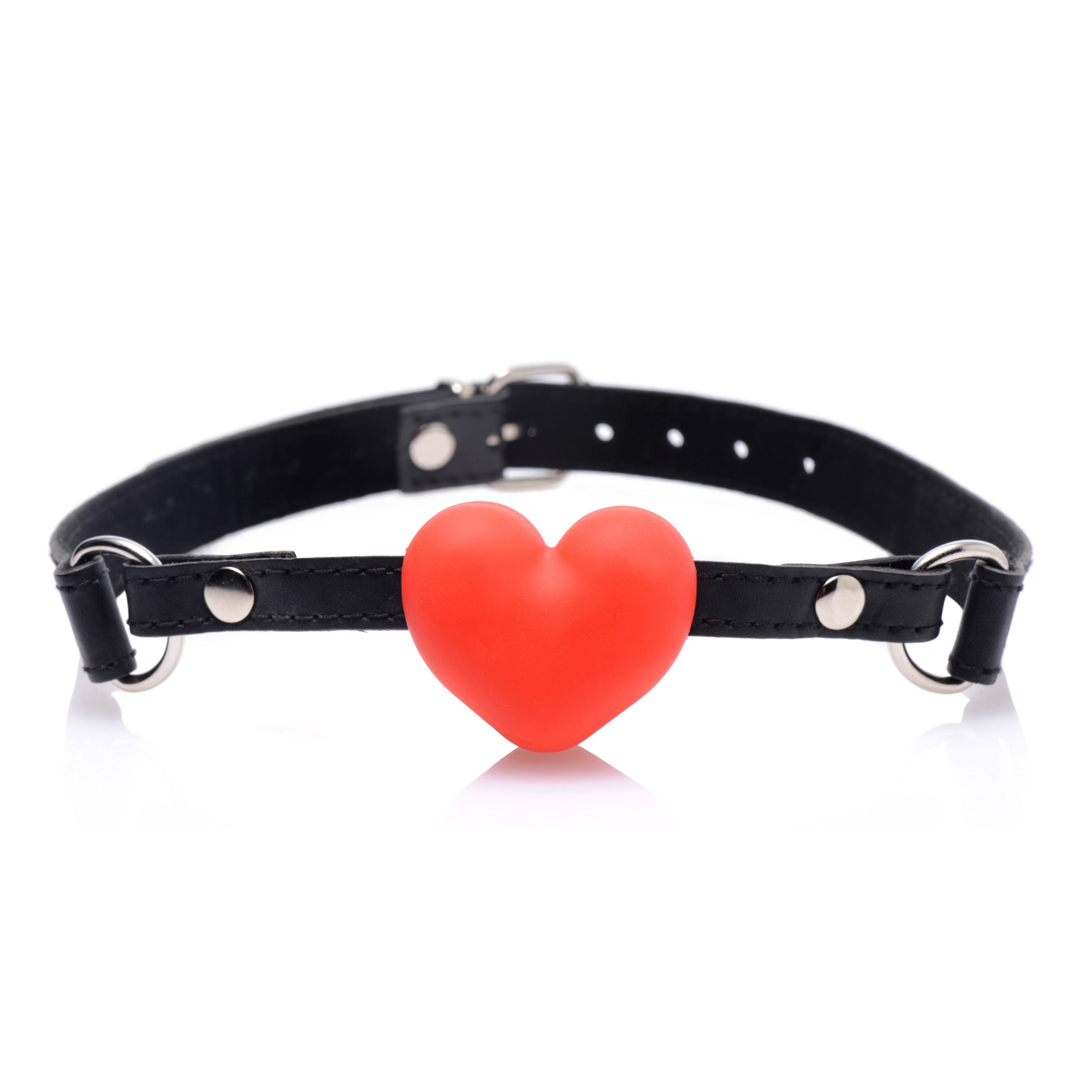 A red heart-shaped silicone gag with an adjustable black leather strap and buckle