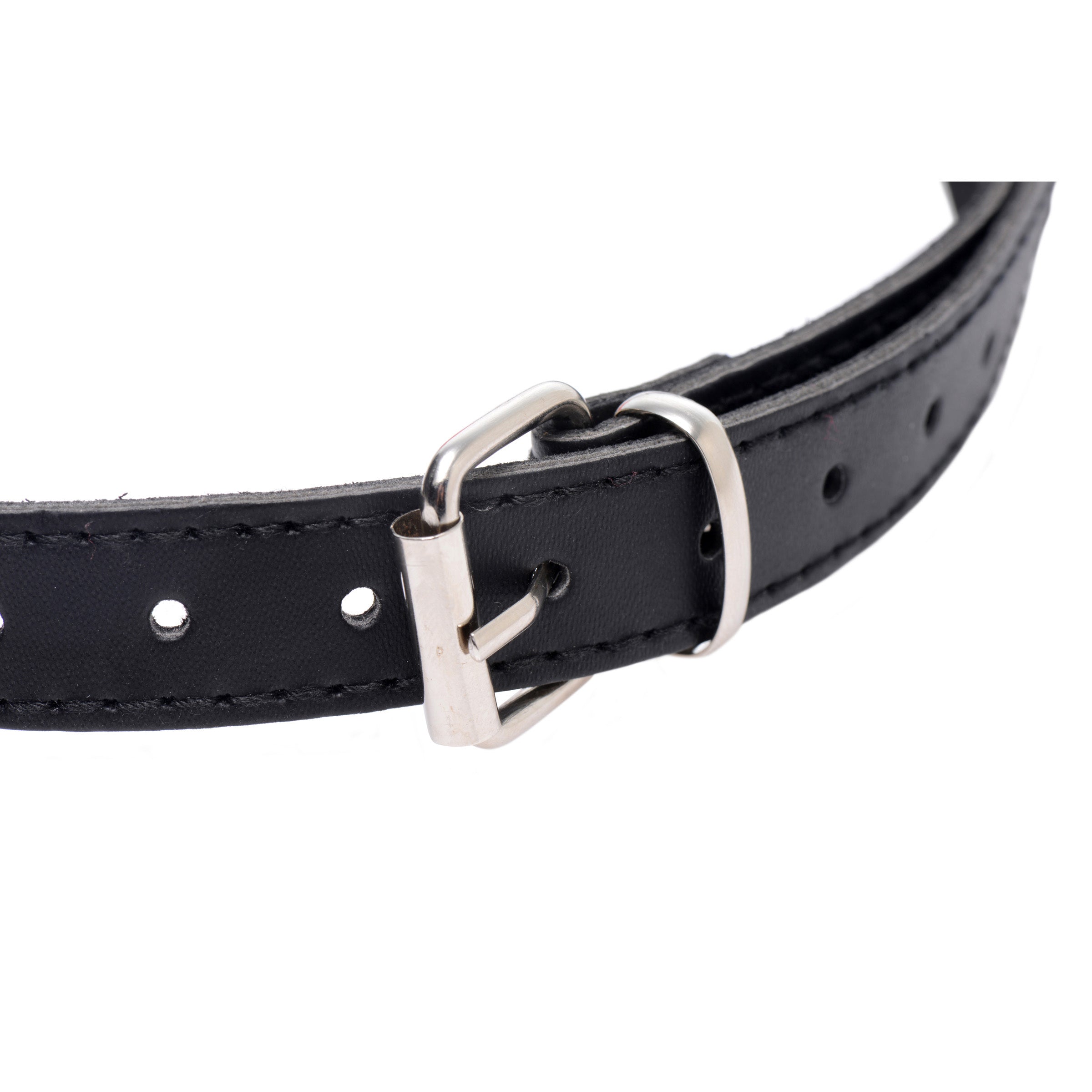 A black strap with a metal buckle for a heart-shaped mouth gag