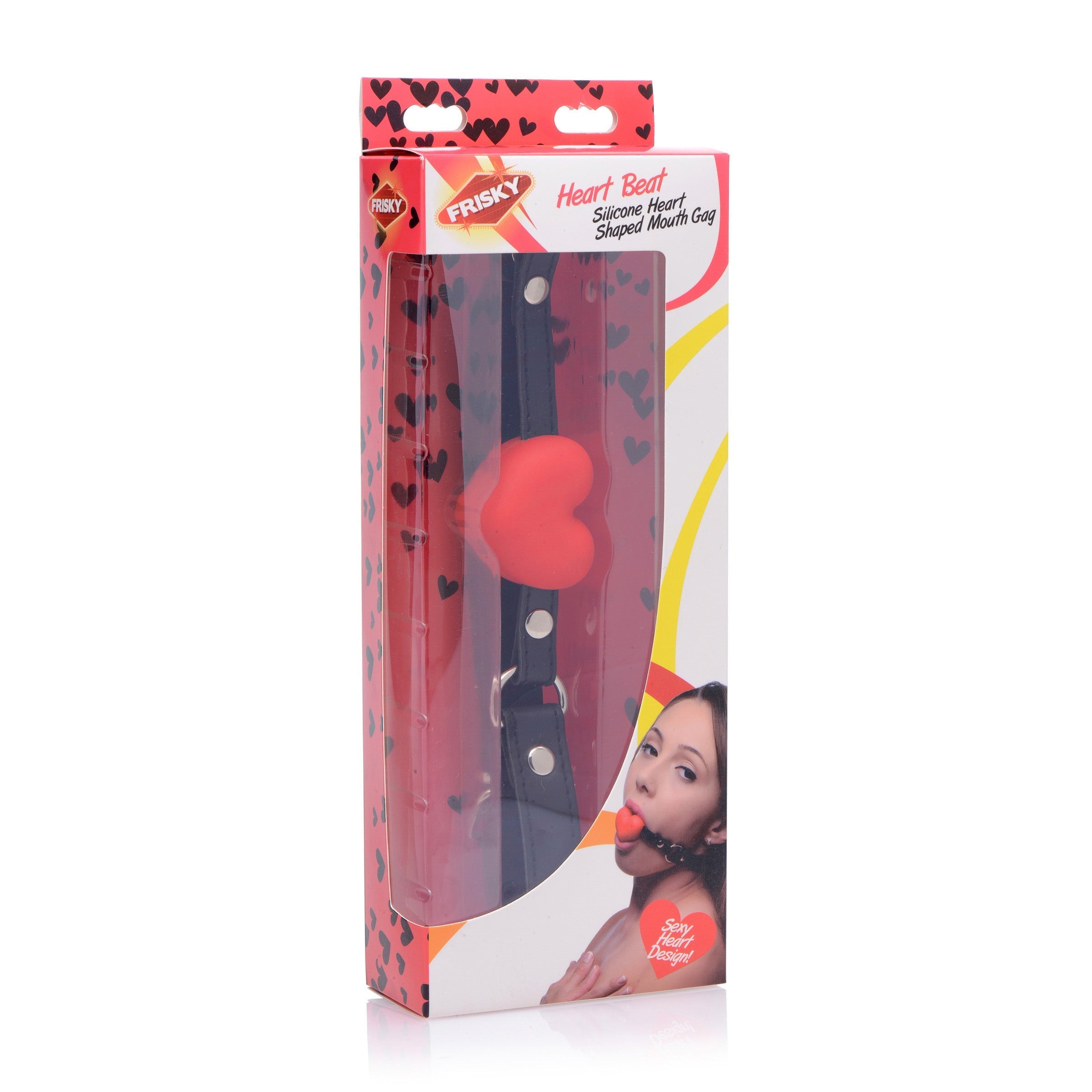 Packaging of a heart-shaped silicone mouth gag with black and red details