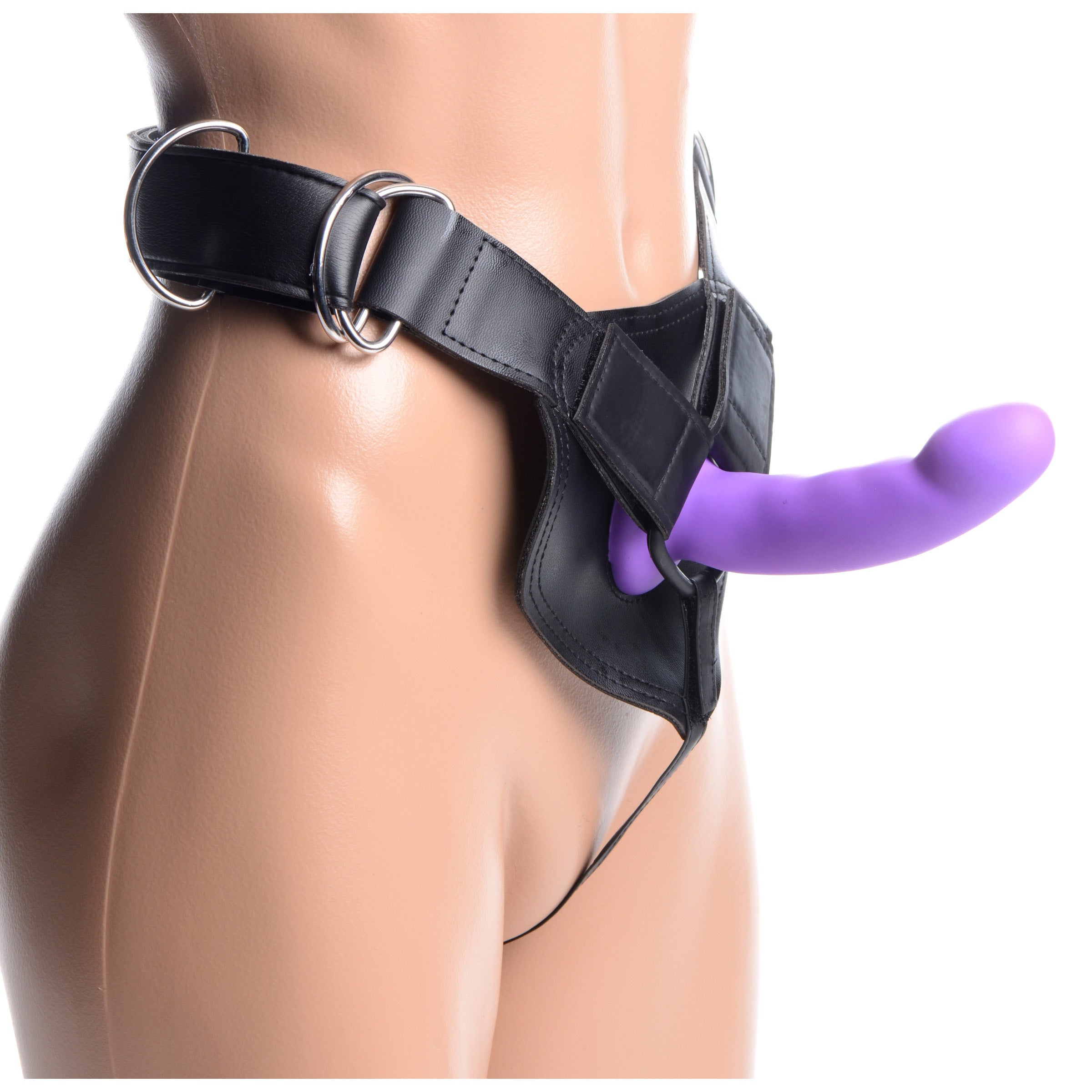 Mannequin displaying Flaunt Strap On with purple silicone dildo