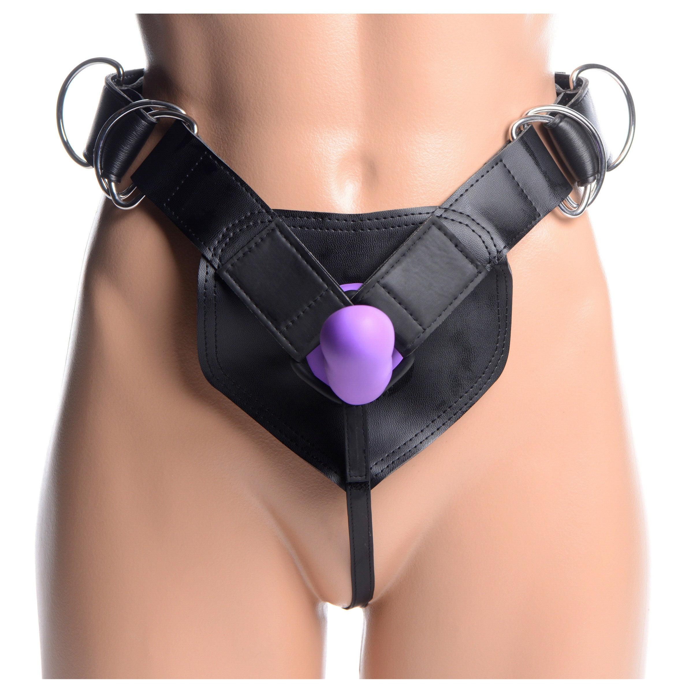 Flaunt Strap On harness with purple silicone dildo and black detailing