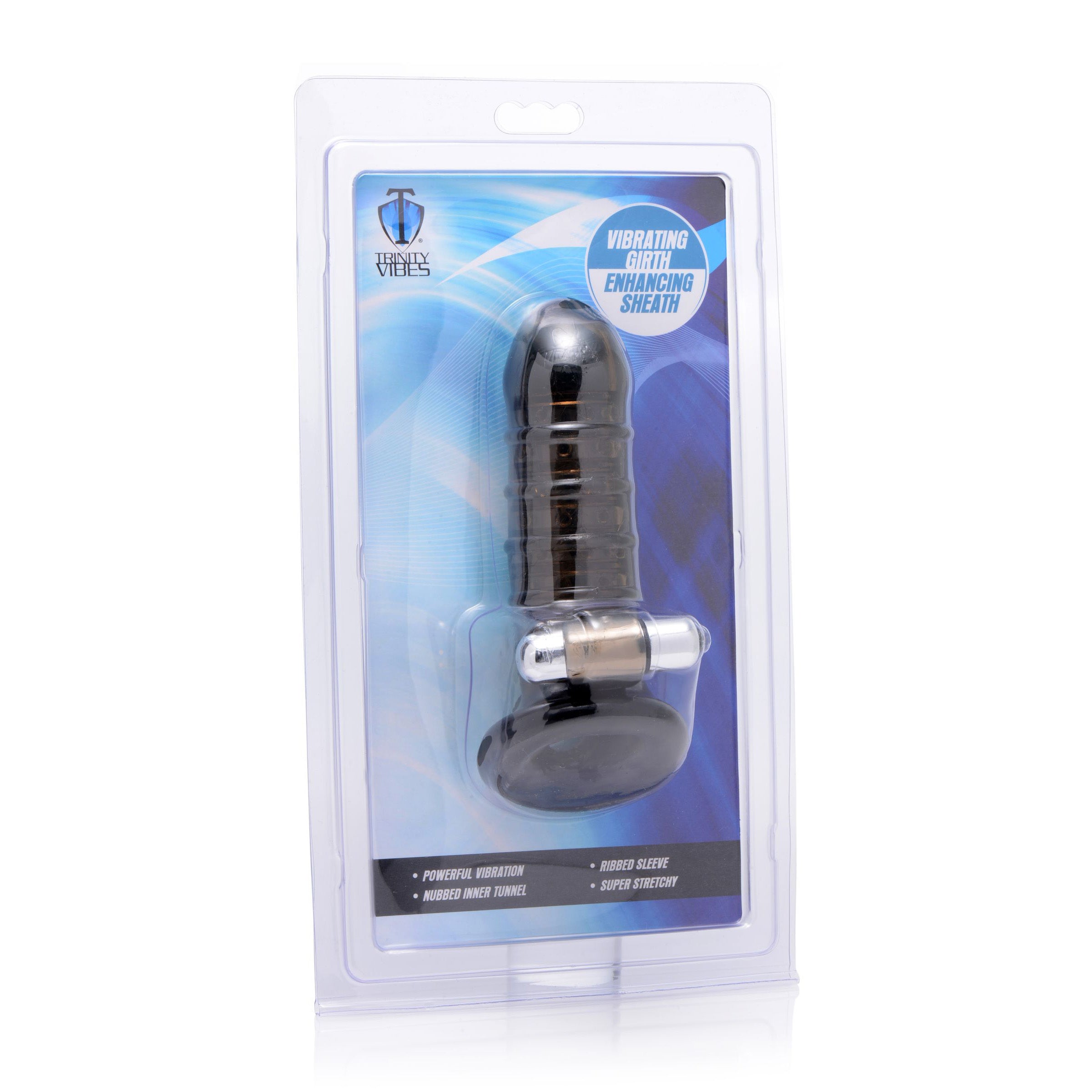 Vibrating girth enhancing sheath in black with silver accents in packaging