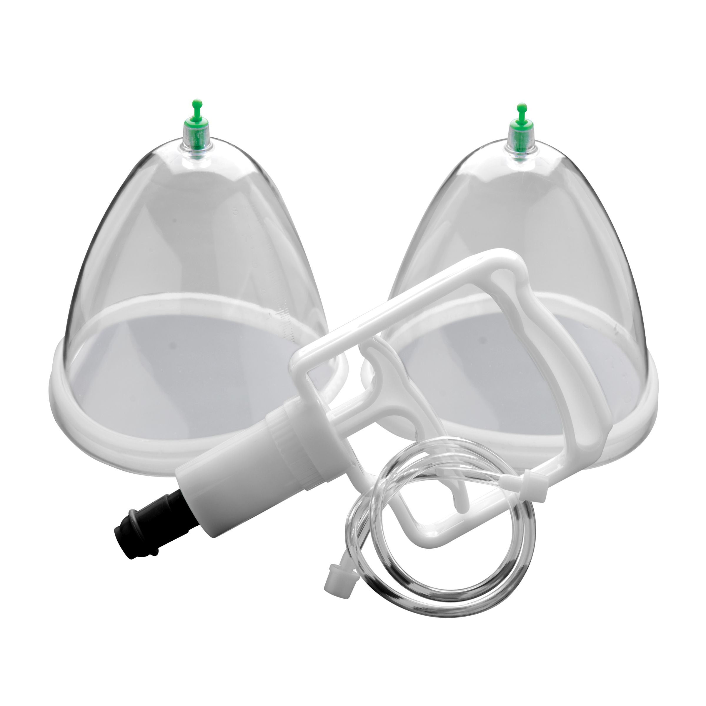 Two transparent breast cupping devices with green handles