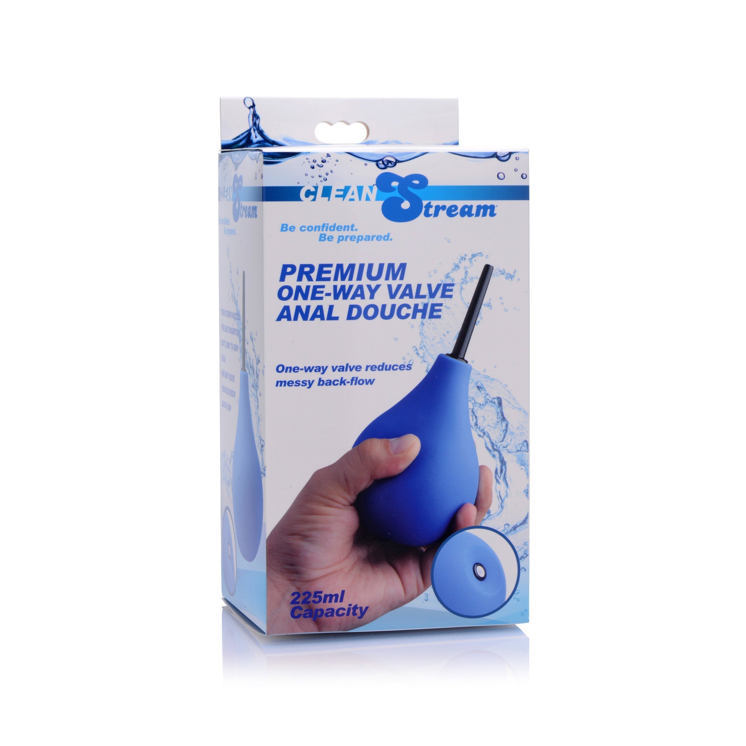 Packaging of the Premium One-way Valve Anal Douche with blue device visible